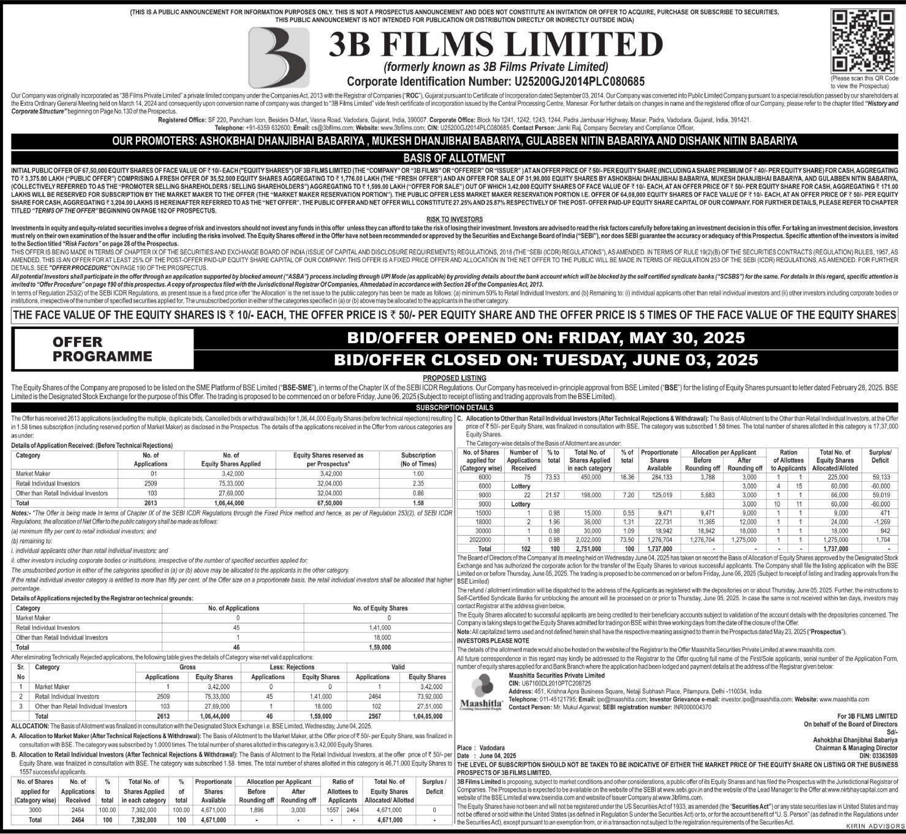 3B Films Limited Basic Of Allotment