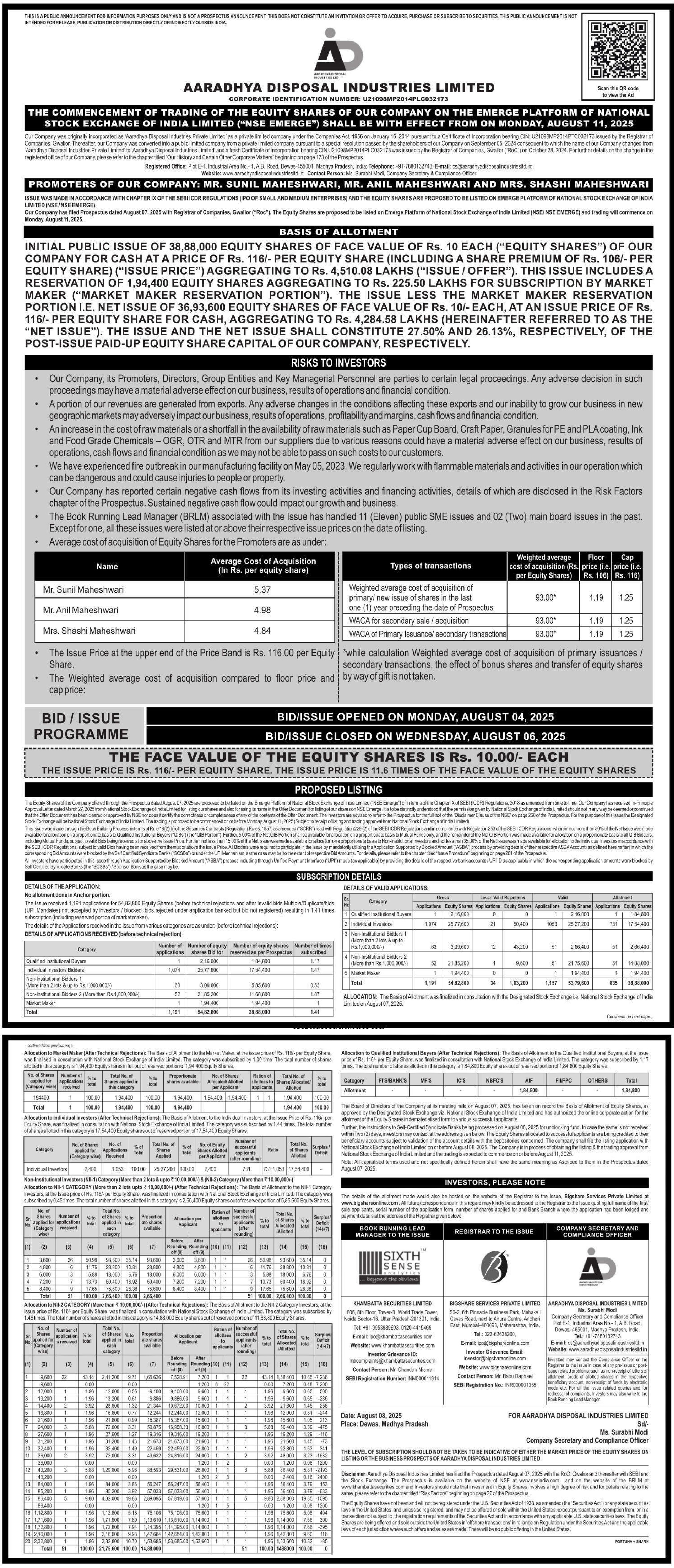 Aaradhya Disposal Industries Limited Basic Of Allotment
