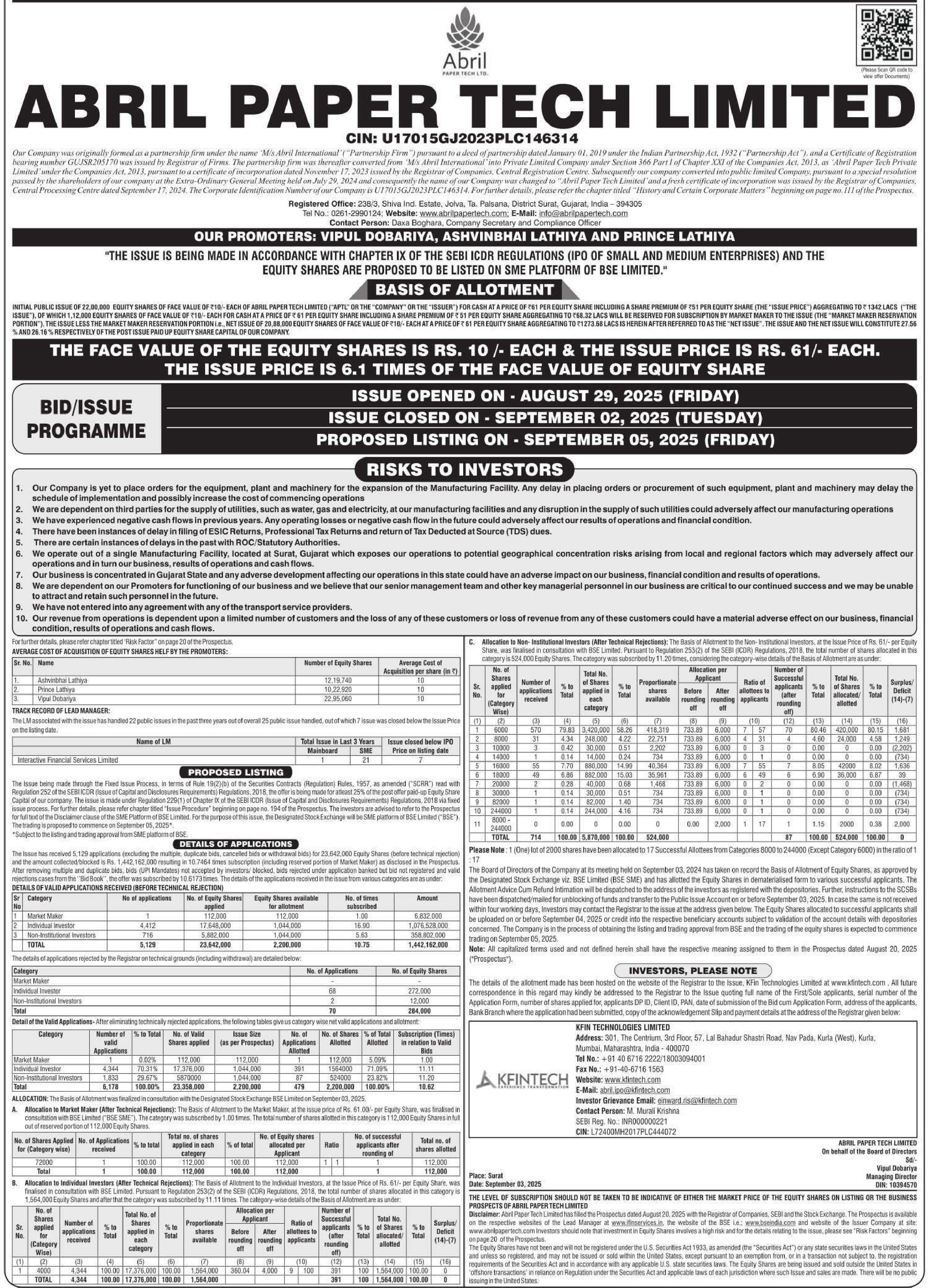 Abril Paper Tech Limited Basic Of Allotment