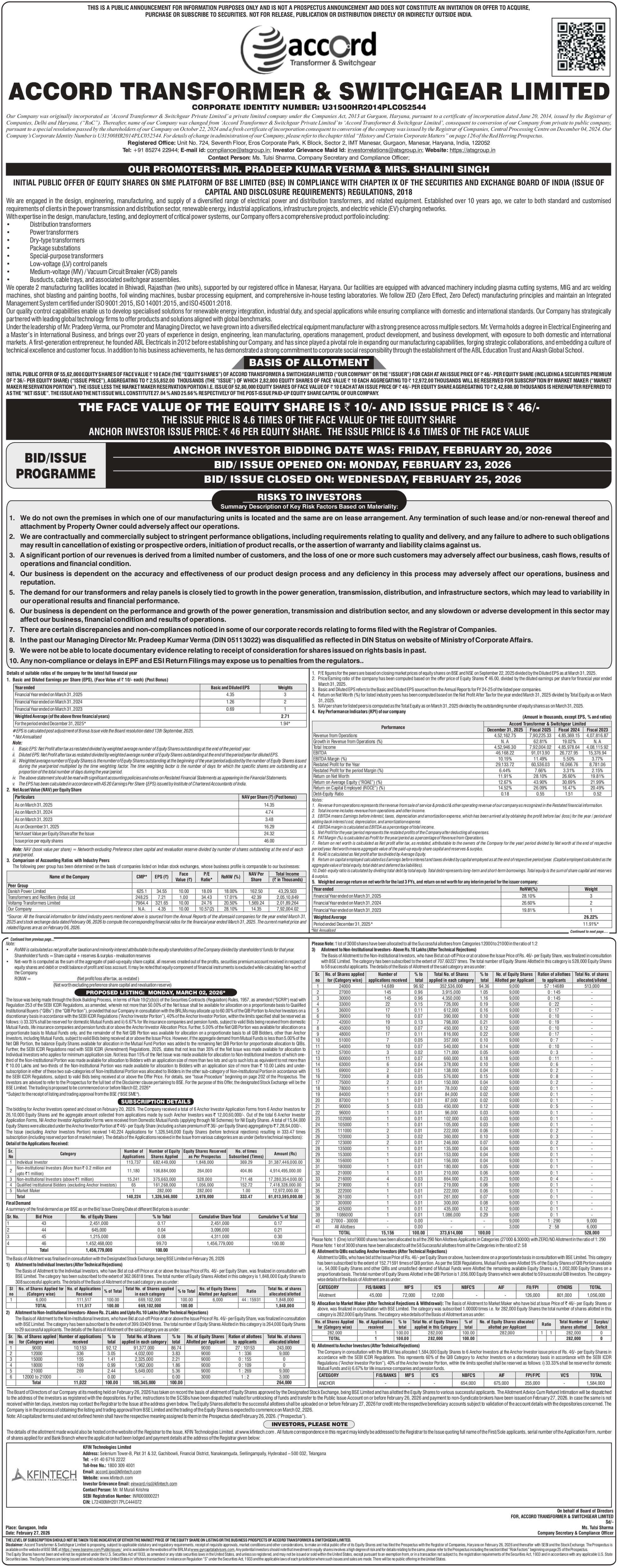 Accord Transformer & Switchgear Limited Basic Of Allotment