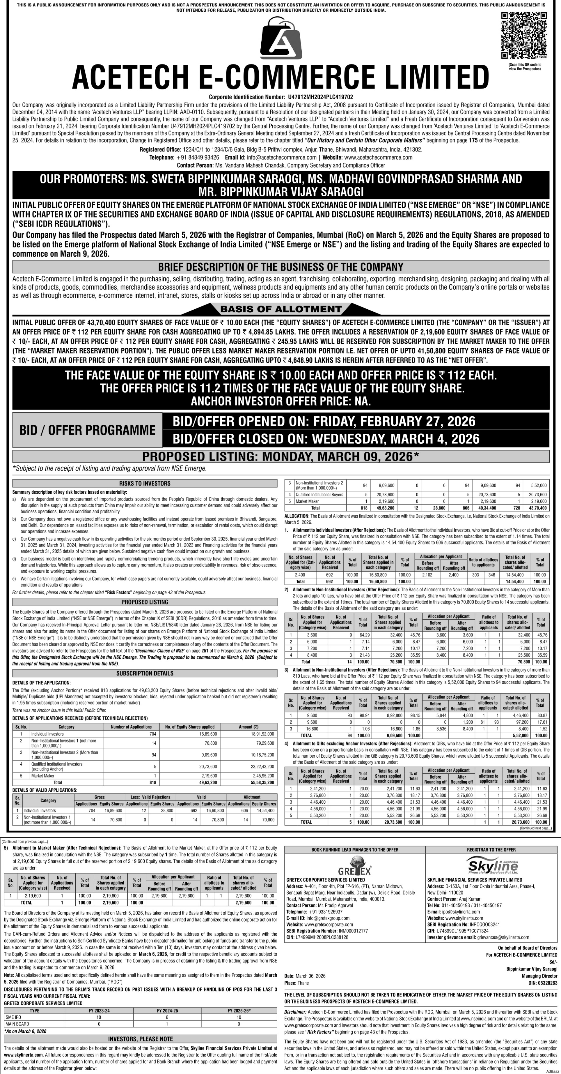 Acetech E-Commerce Limited Basic Of Allotment