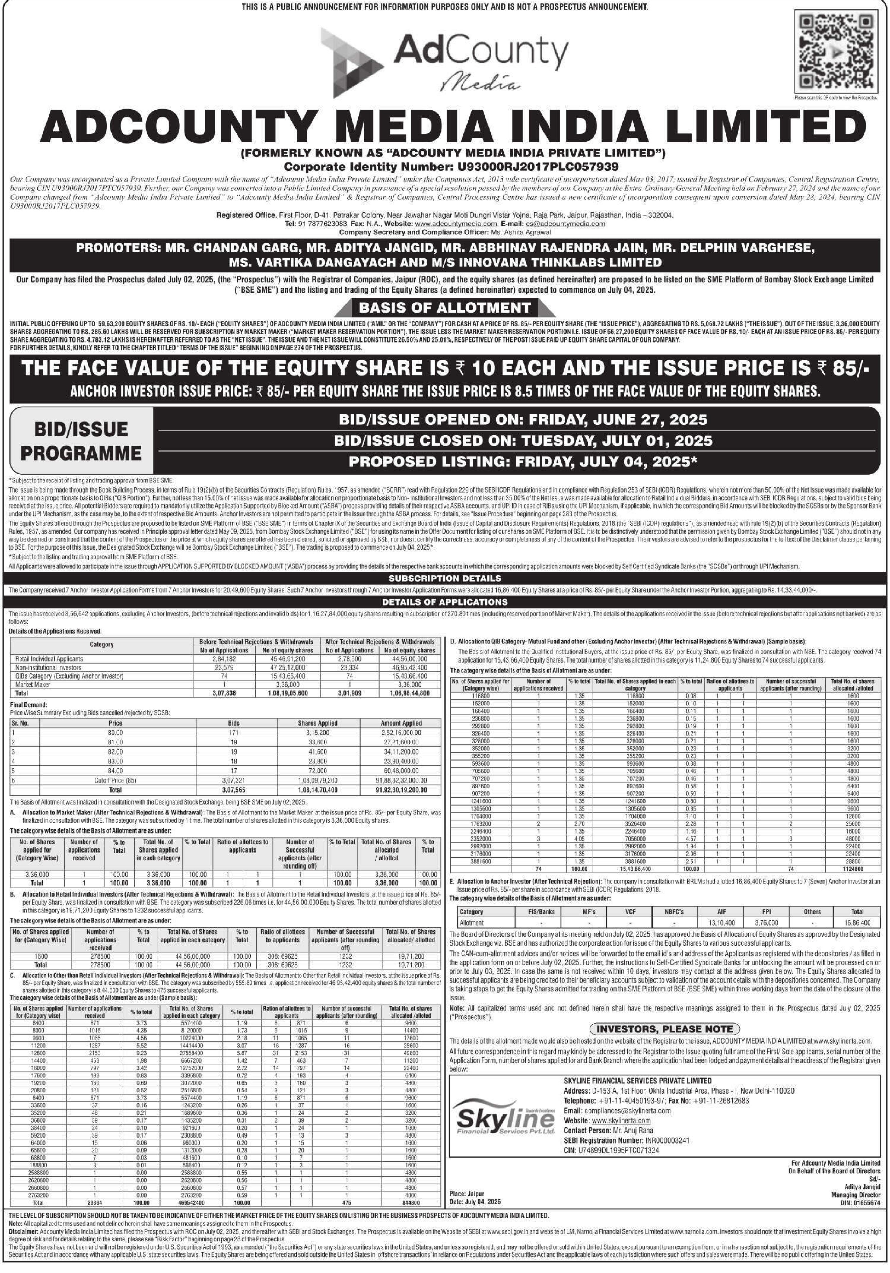 Adcounty Media India Limited Basic Of Allotment
