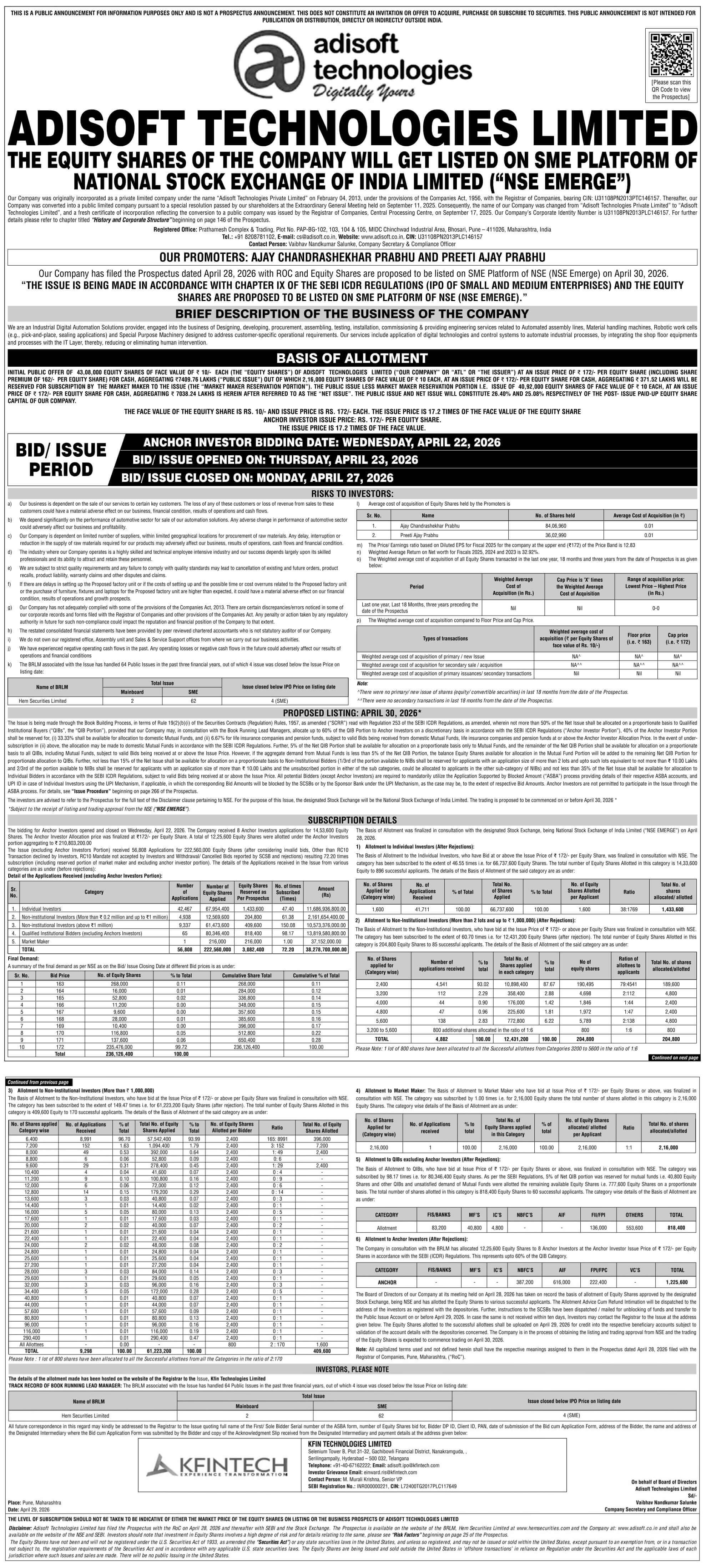 Adisoft Technologies Limited Basis Of Allotment