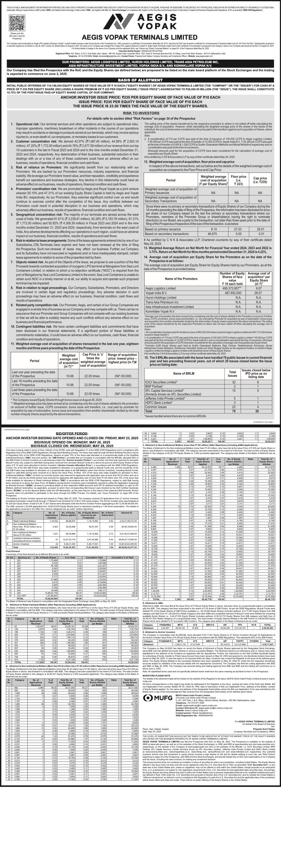 Aegis Vopak Terminals Limited Basic Of Allotment