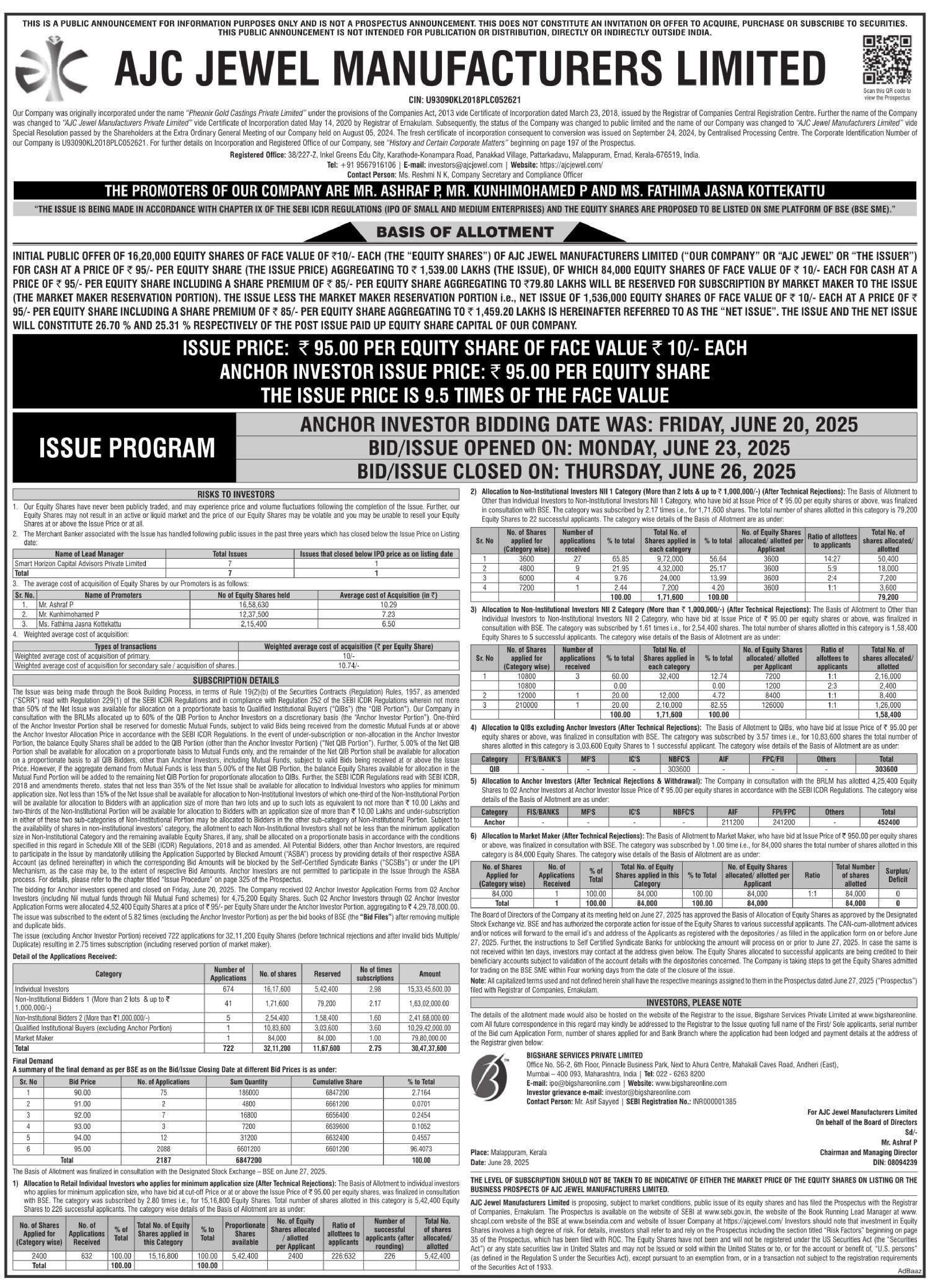 AJC Jewel Manufacturers Limited Basic Of Allotment