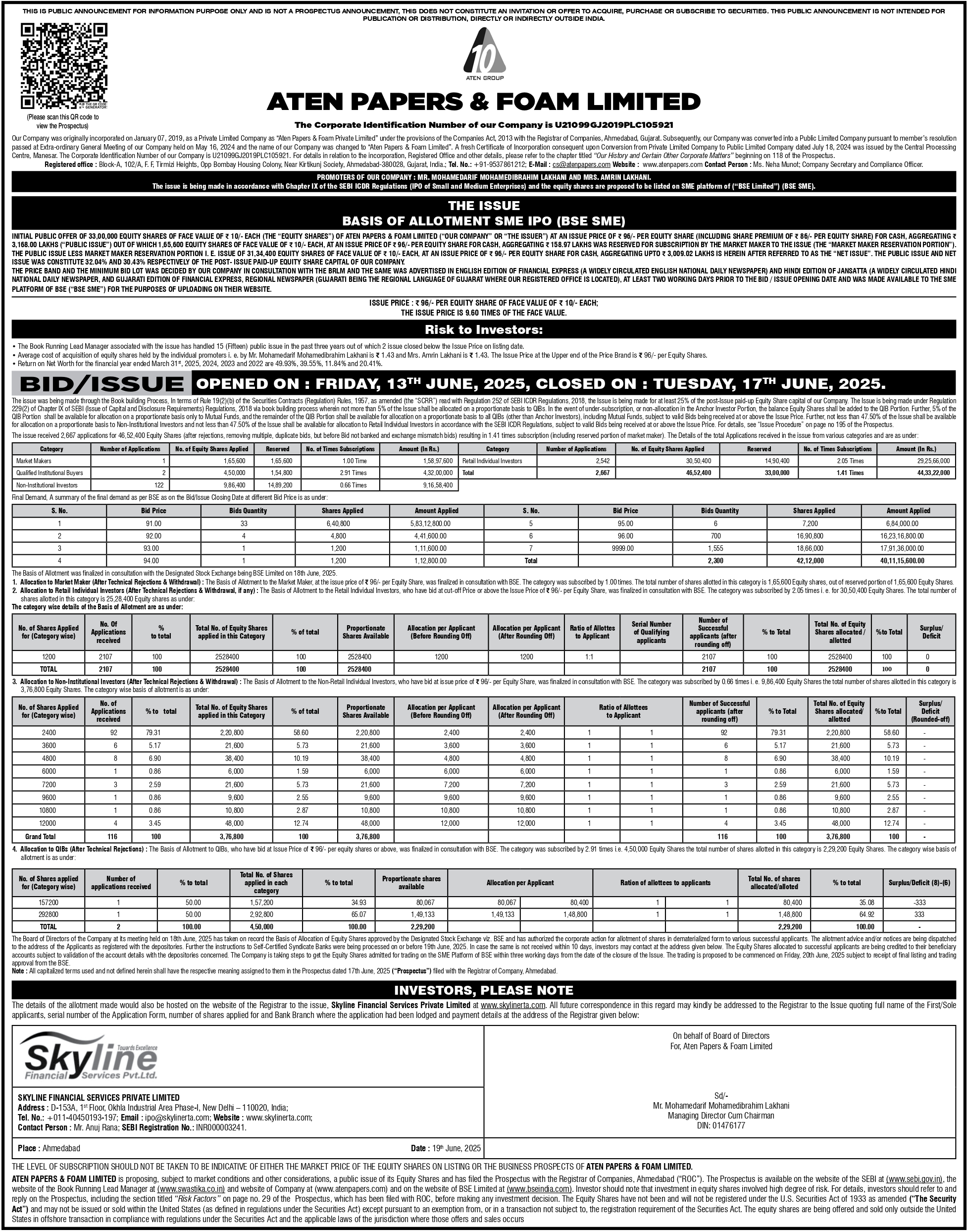 Aten Papers and Foam Limited Basic Of Allotment