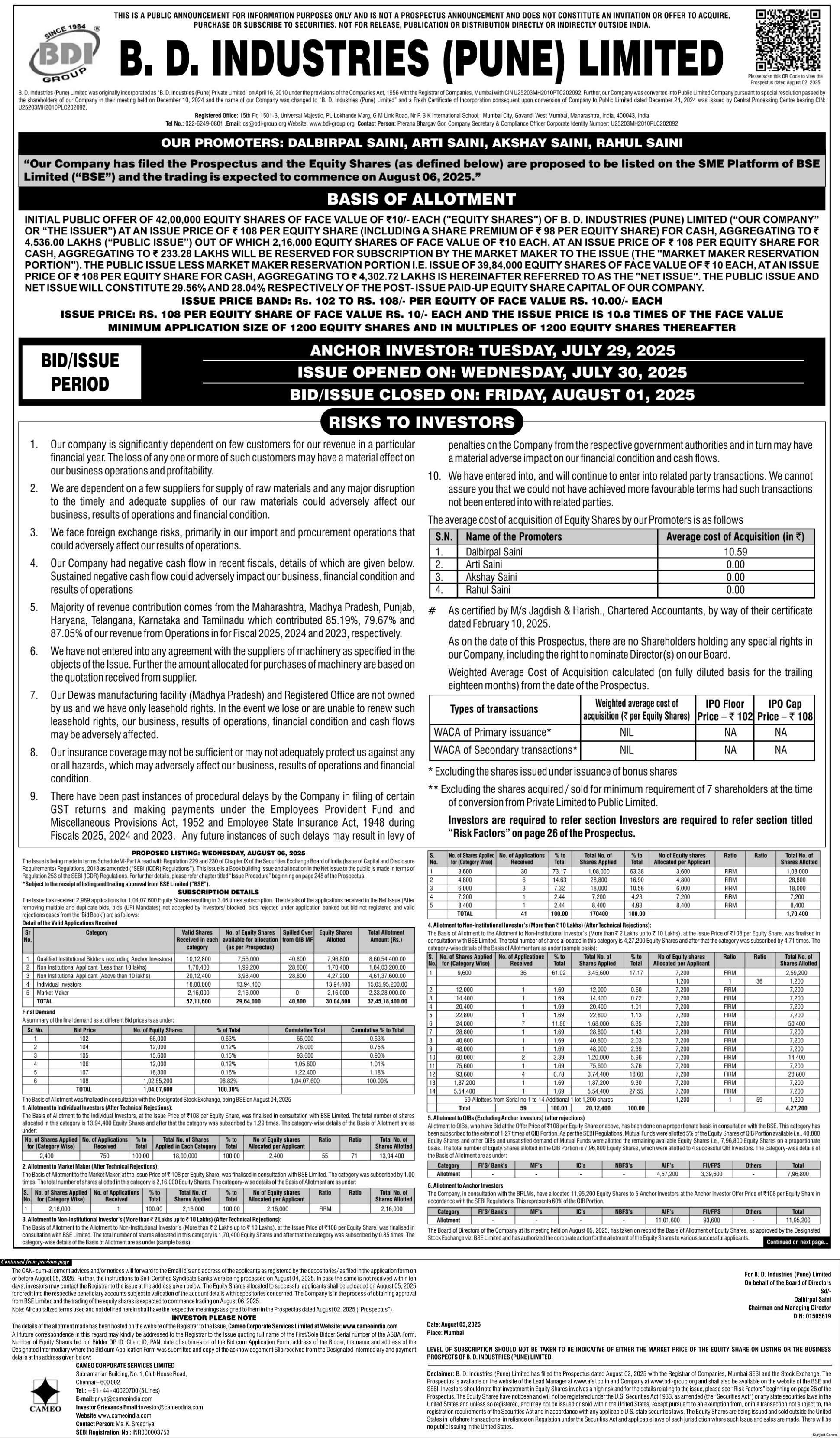 B.D.Industries (Pune) Limited Basic Of Allotment