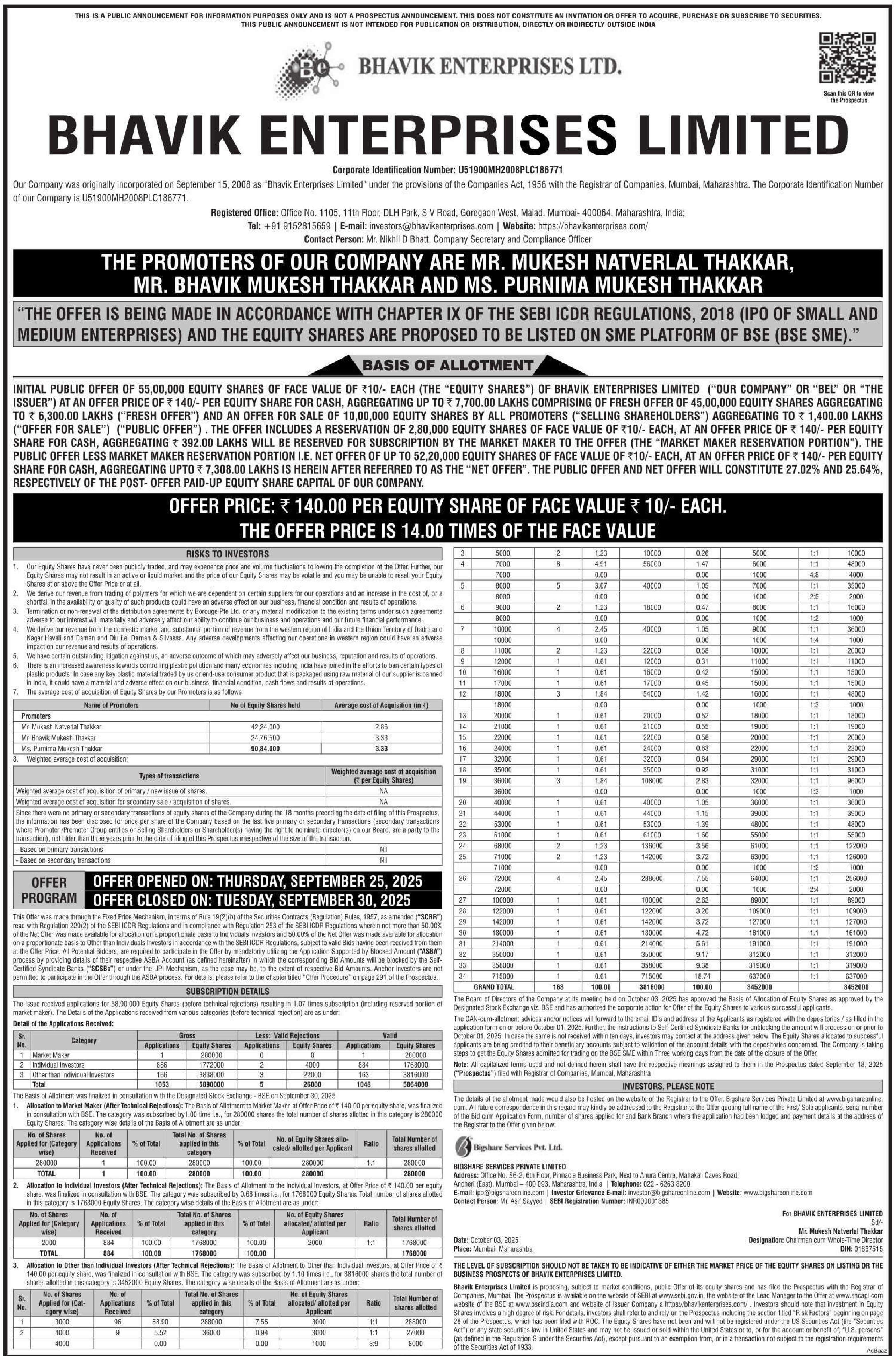 Bhavik Enterprises Limited Basic Of Allotment
