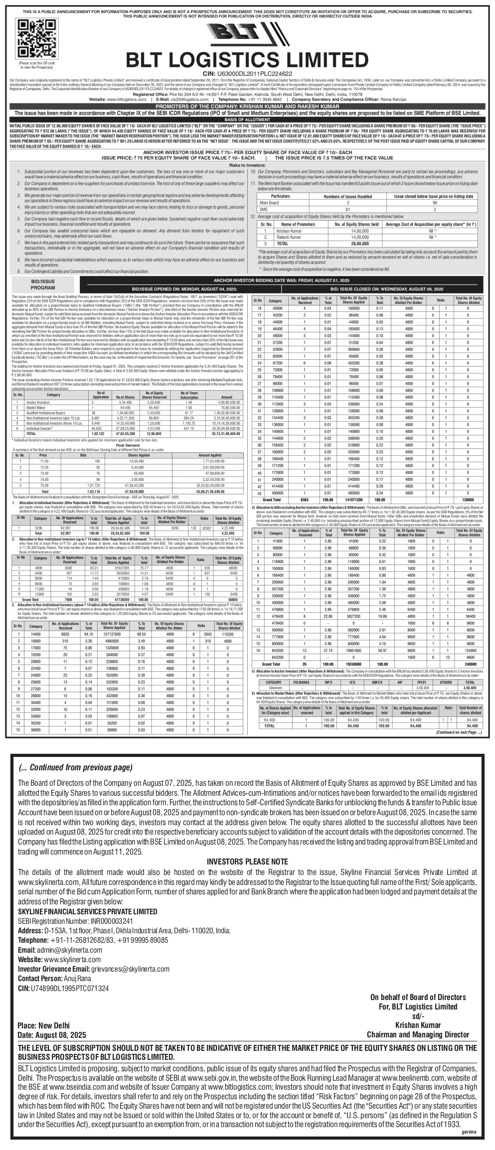 BLT Logistics Limited Basic Of Allotment