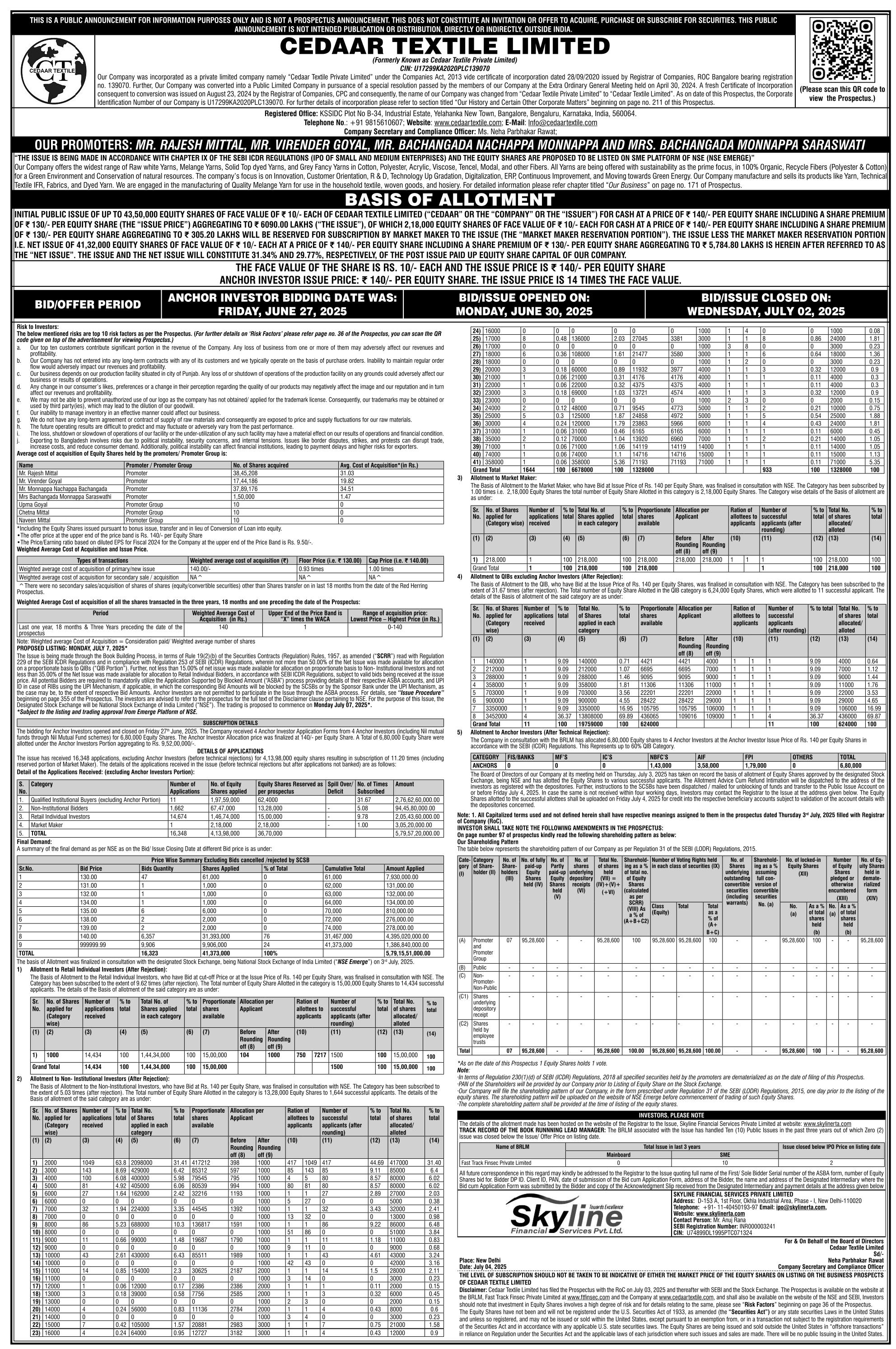 Cedaar Textile Limited Basic Of Allotment
