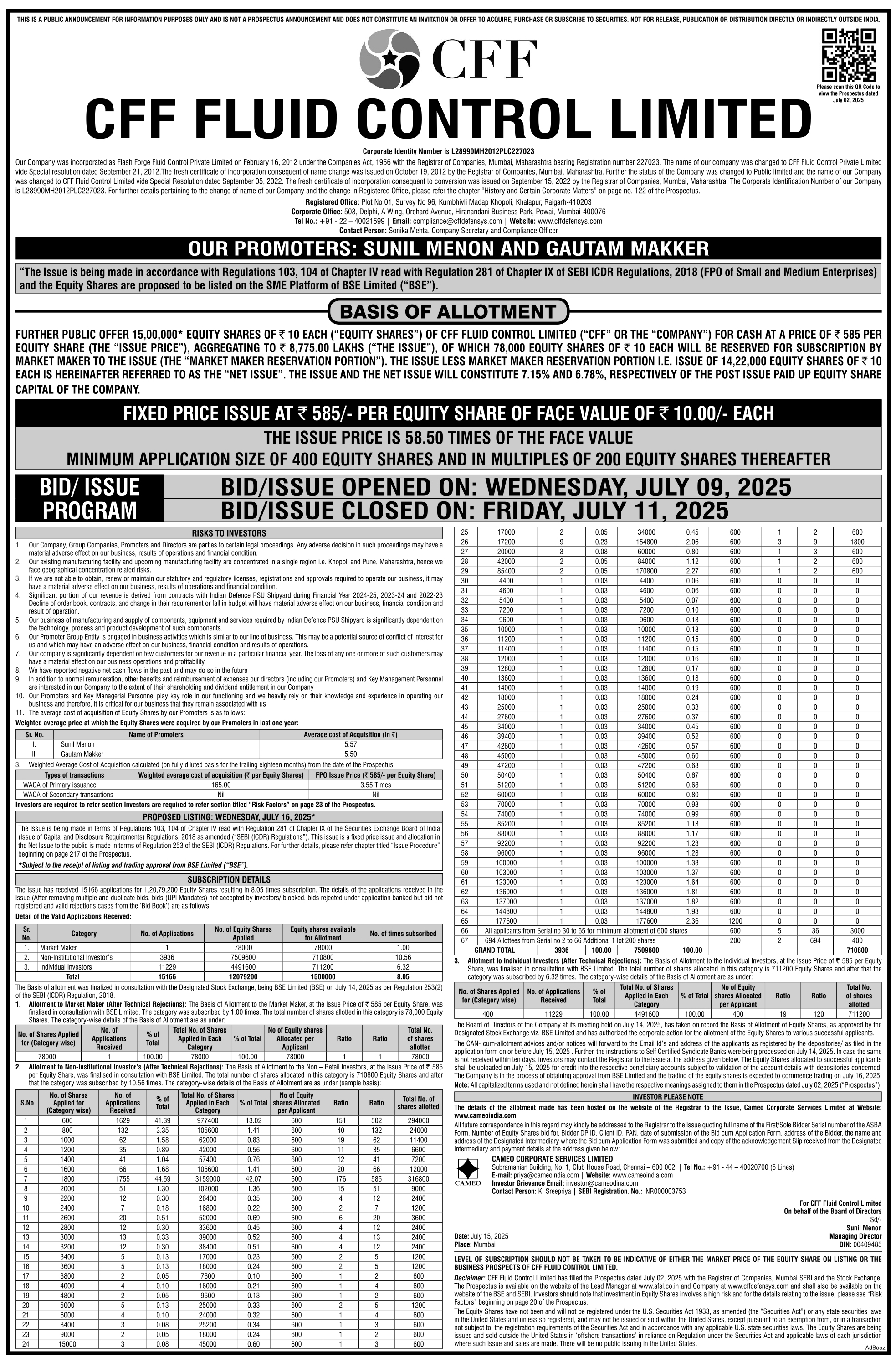 CFF FLuid Control Limited Basic Of Allotment