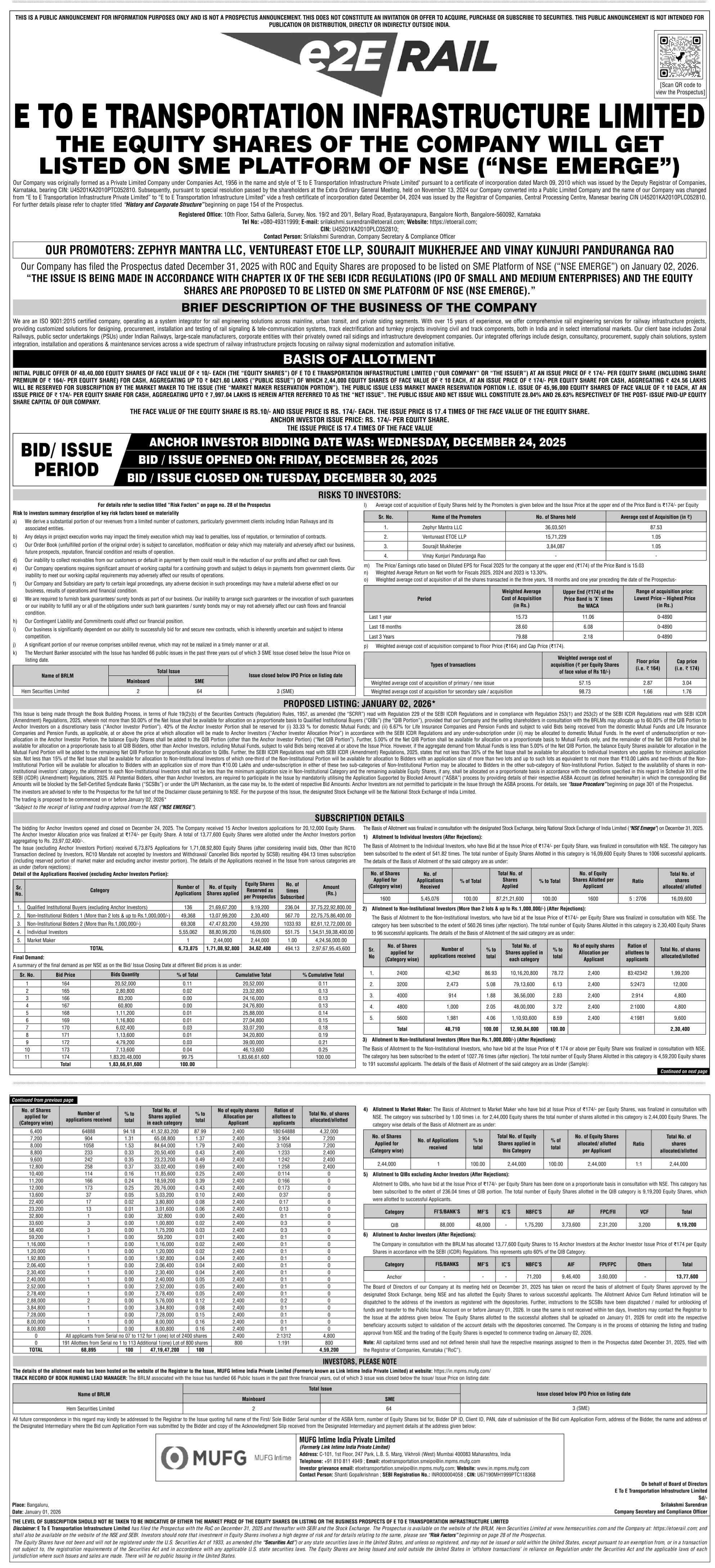 E to E Transportation Infrastructure Limited Basic Of Allotment