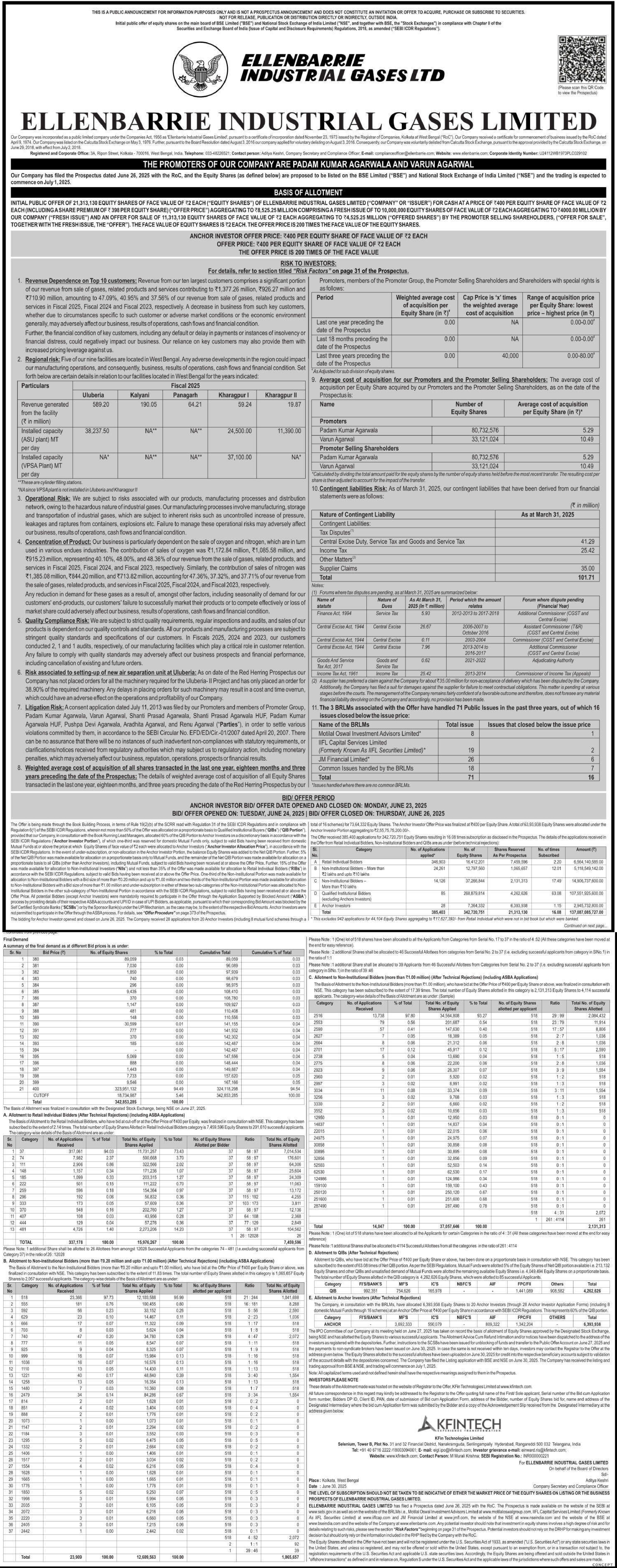 Ellenbarrie Industrial Gases Limited Basic Of Allotment