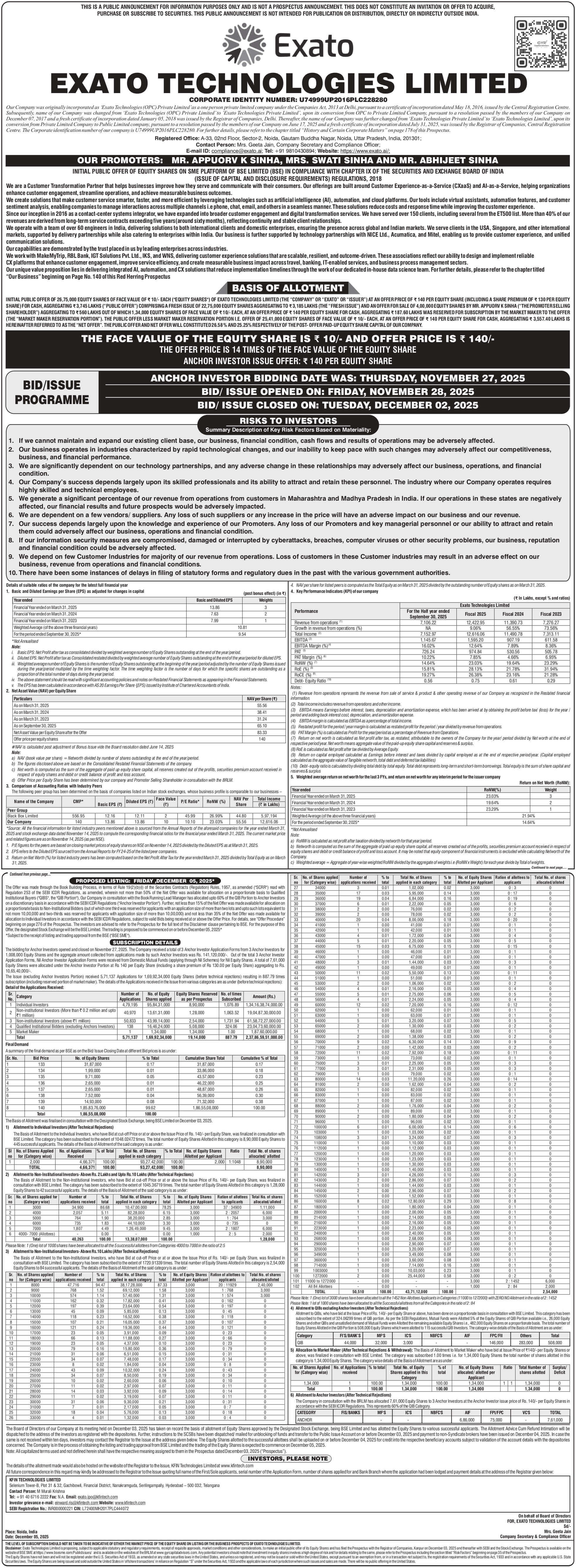 Exato Technologies Limited Basic Of Allotment
