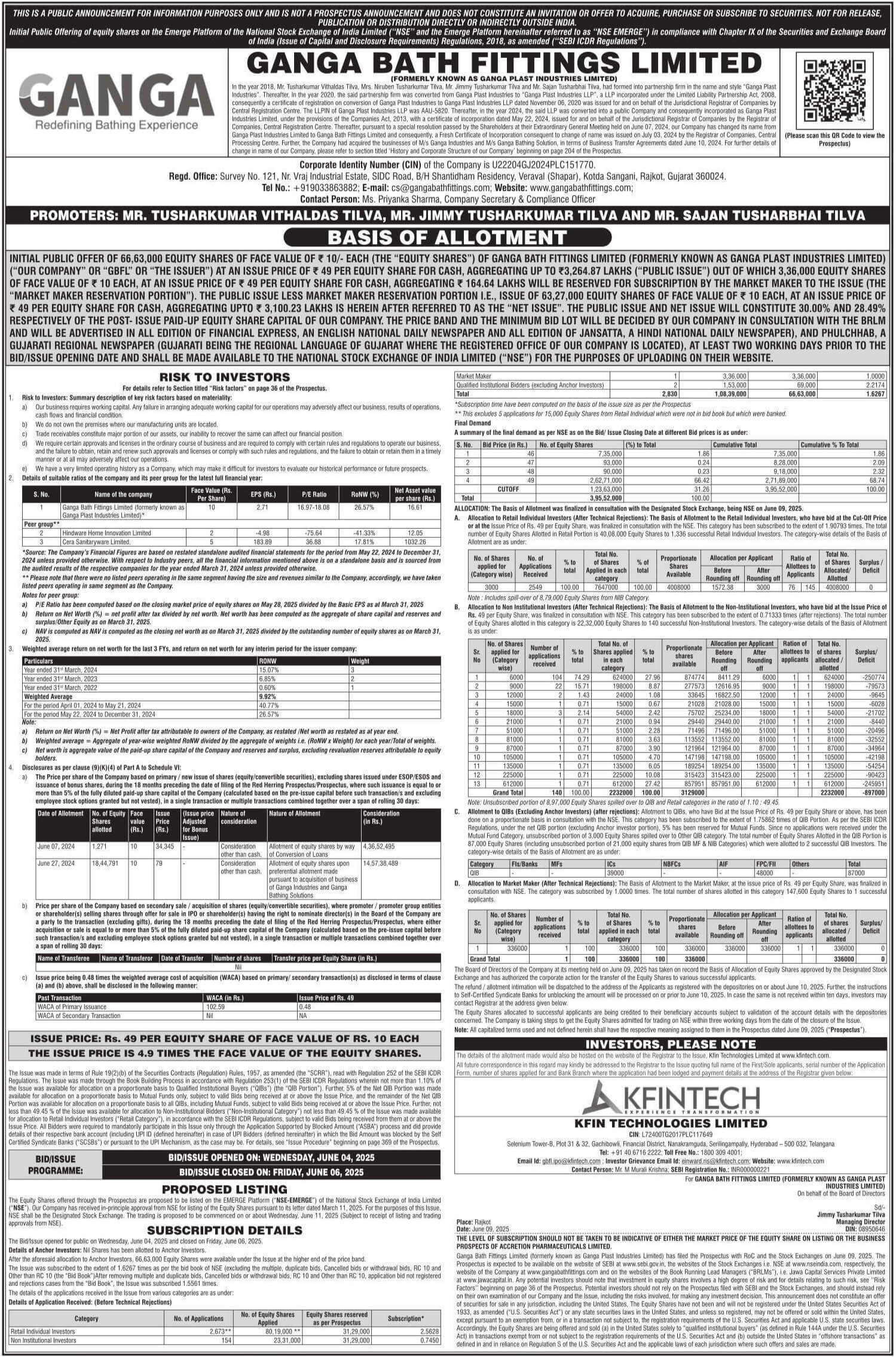 Ganga Bath Fittings Limited Basic Of Allotment