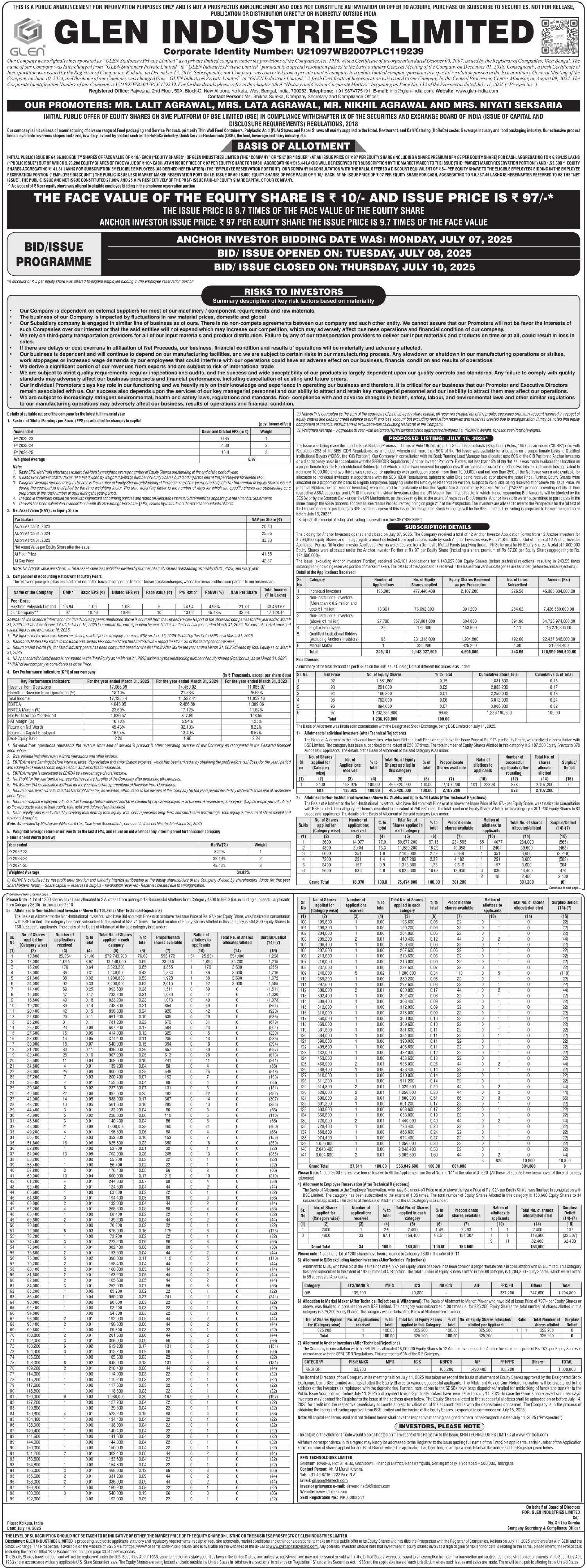 GLEN Industries Limited Basic Of Allotment