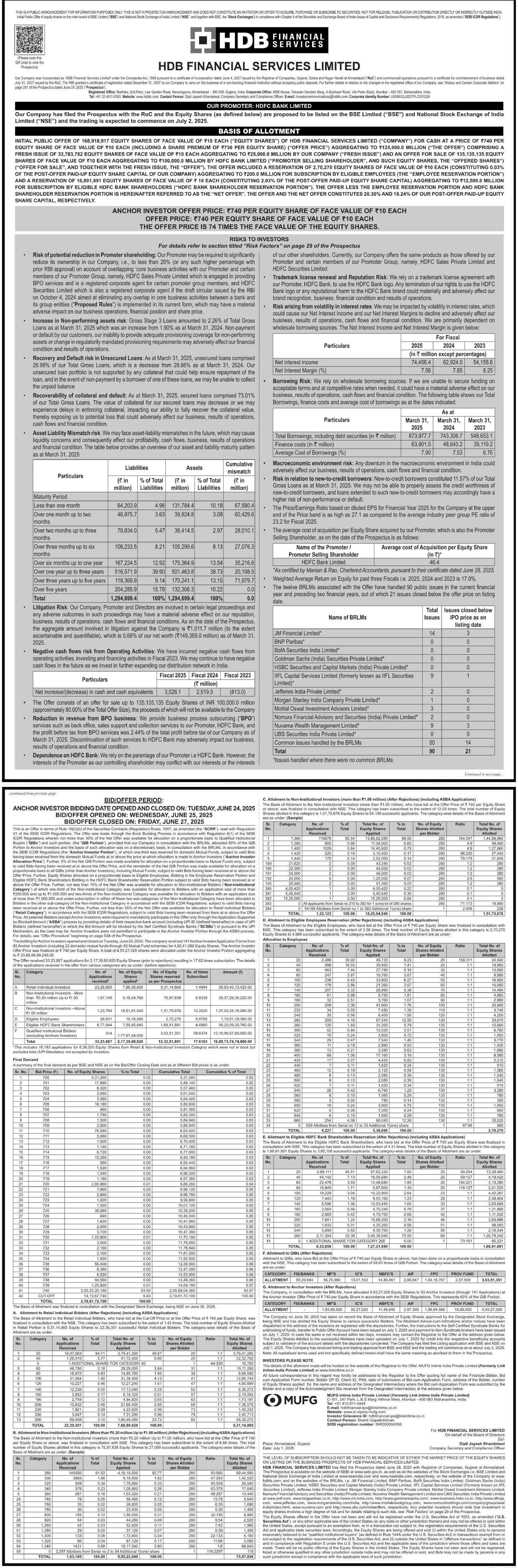 HDB Financial Services Limited Basic Of Allotment