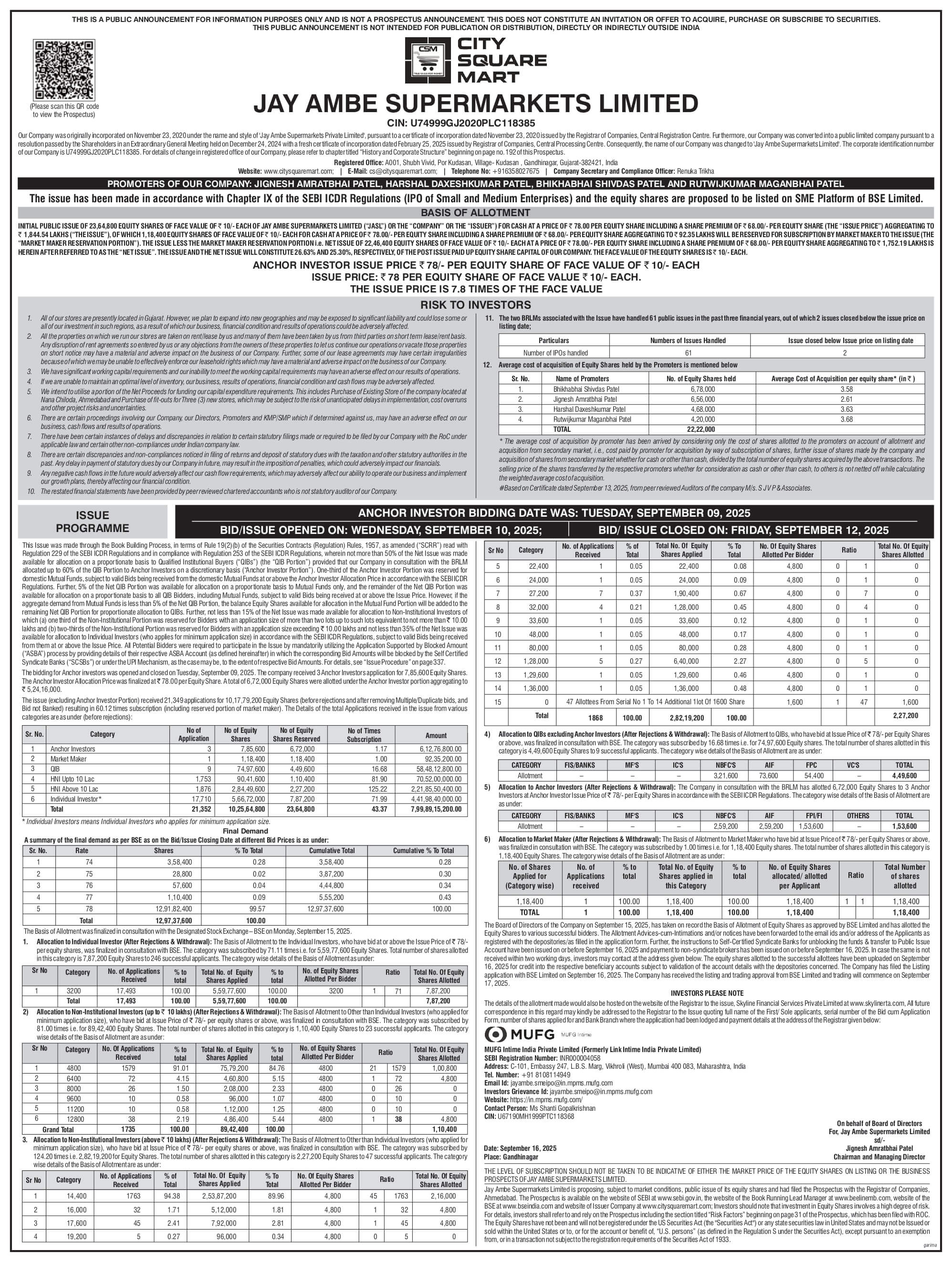 Jay Ambe Supermarkets Limited Basic Of Allotment