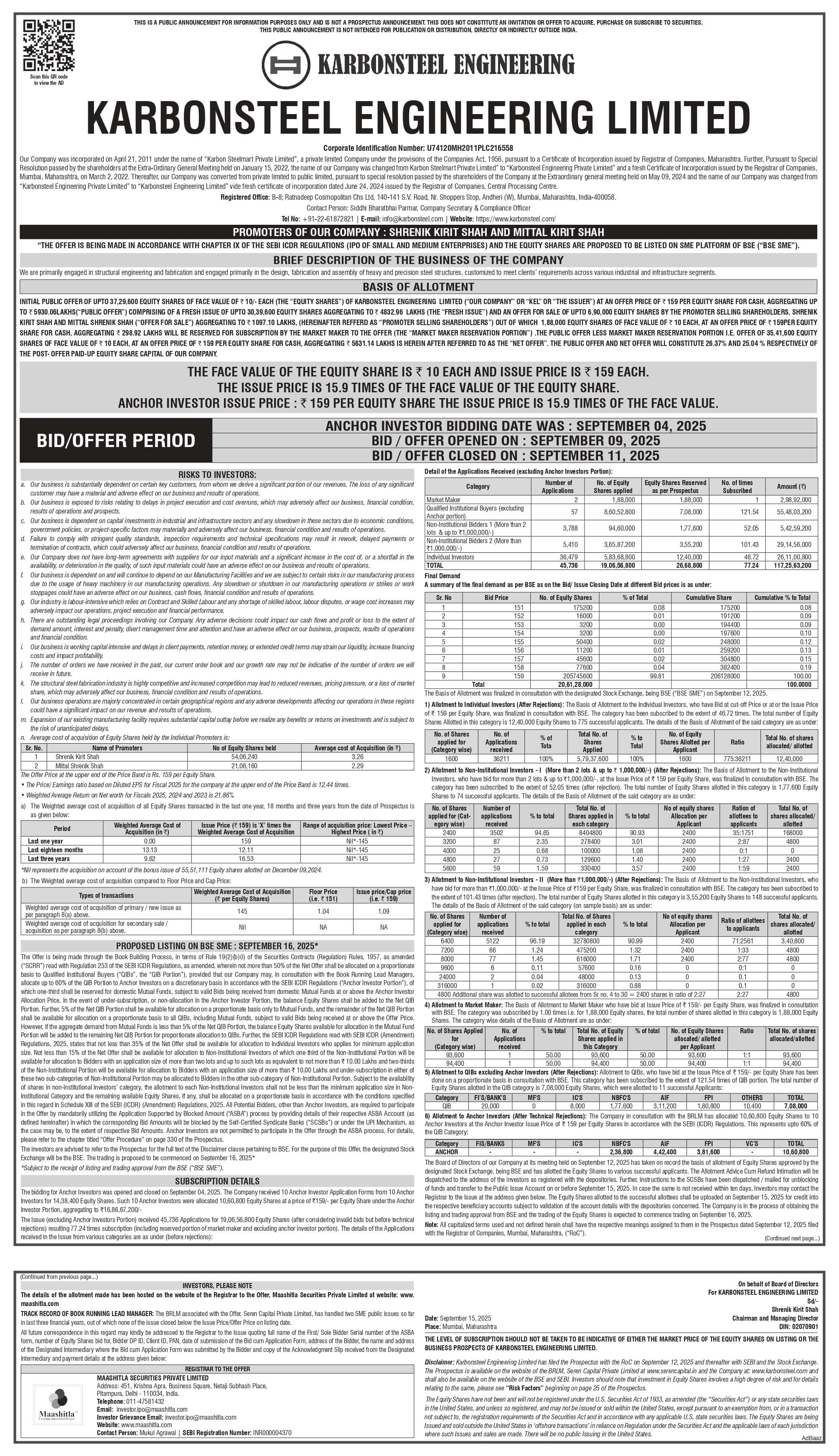 Karbonsteel Engineering Limited Basic Of Allotment
