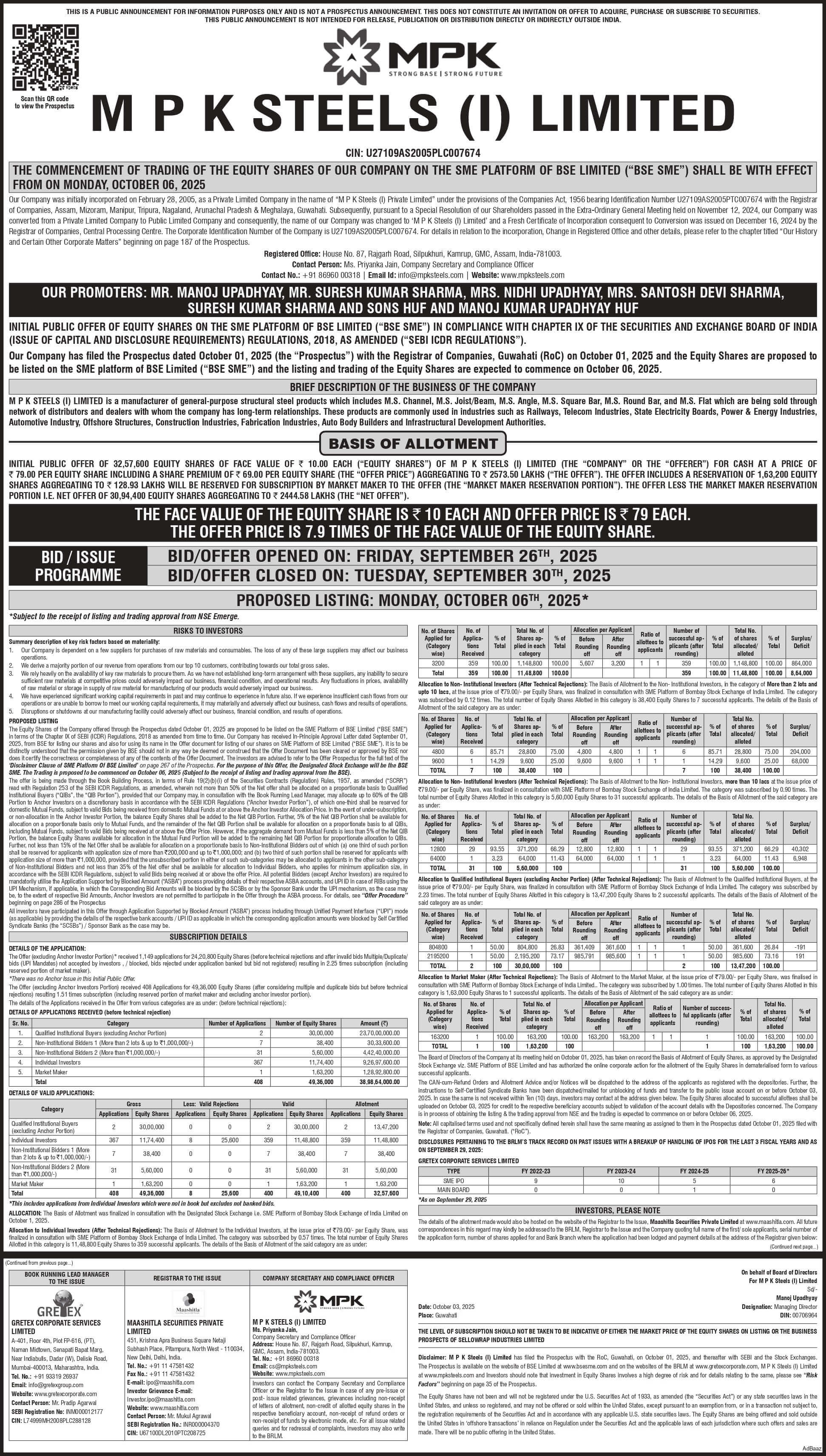 M P K Steels (I) Limited Basic Of Allotment