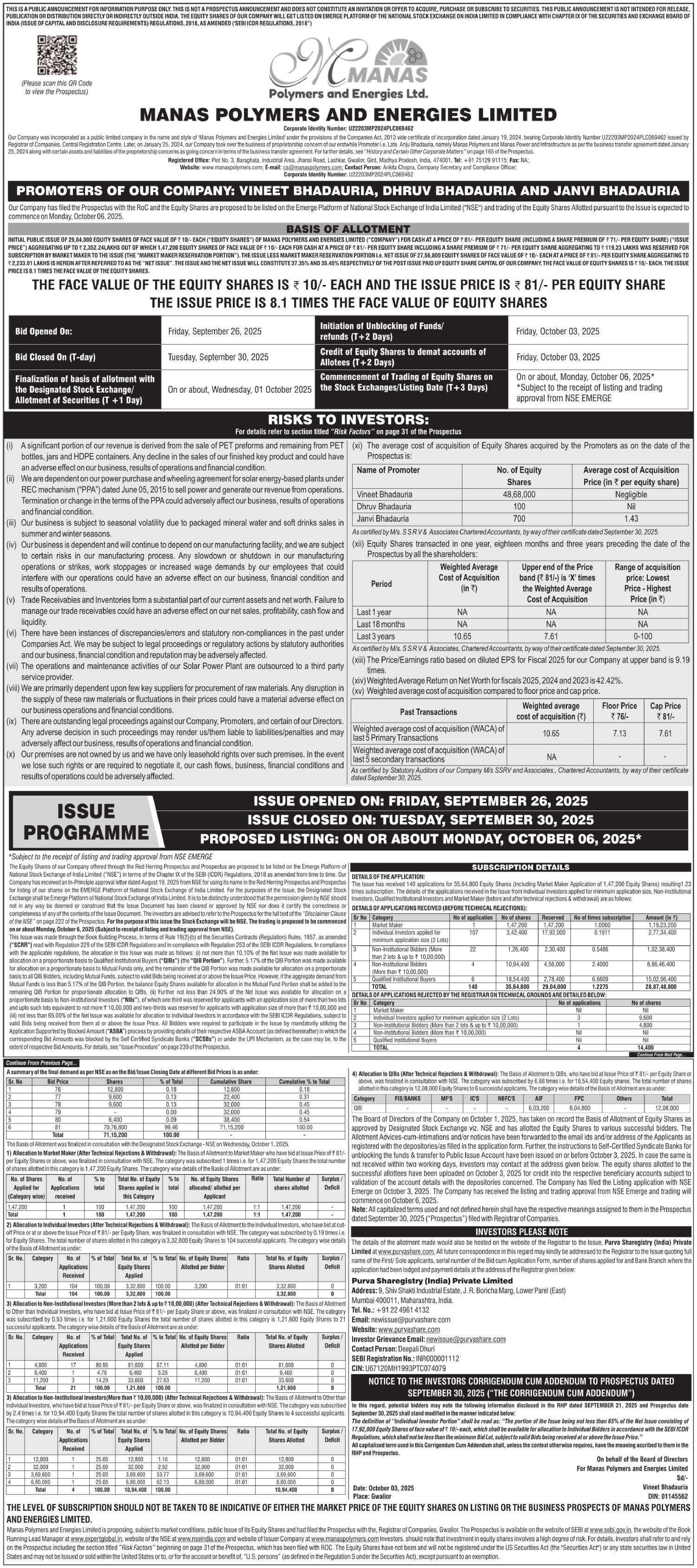 Manas Polymers & Energies Limited Basic Of Allotment