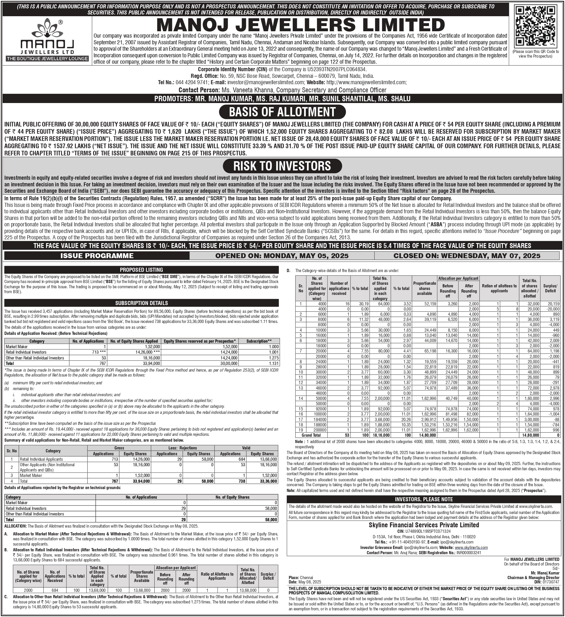 Manoj Jewellers Limited Basic Of Allotment