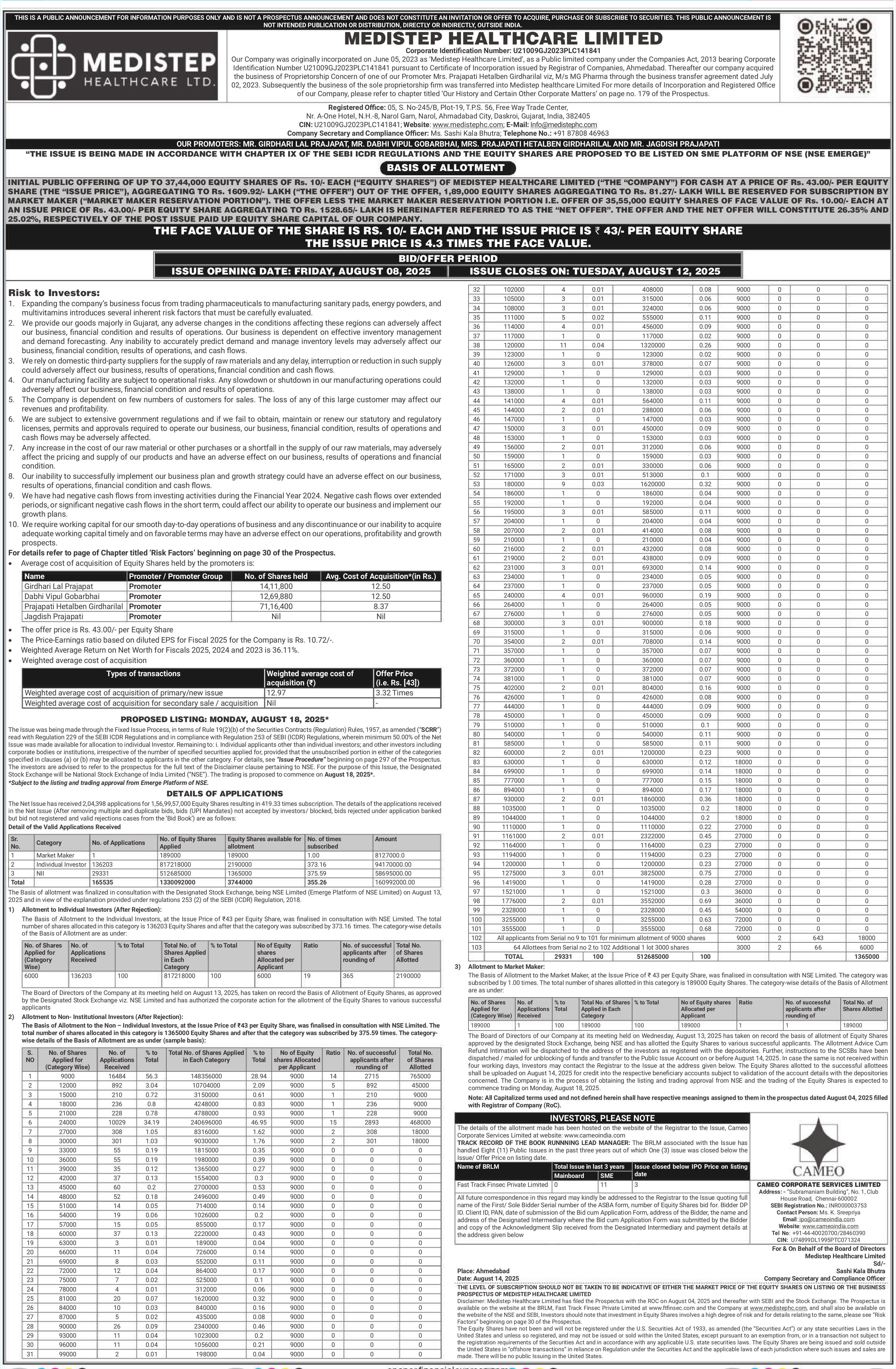 Medistep Healthcare Limited Basic Of Allotment