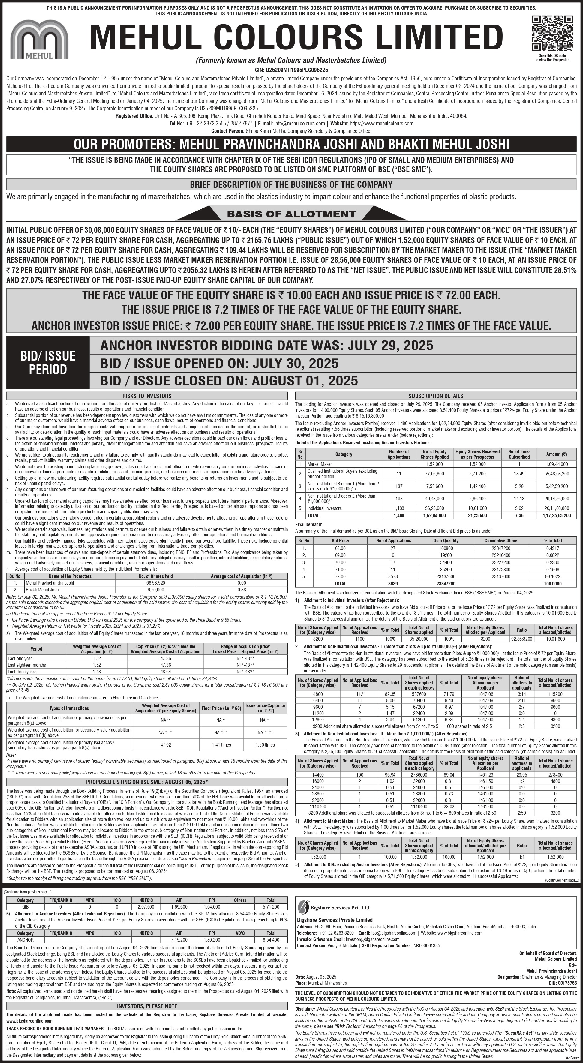 Mehul Colours Limited Basic Of Allotment