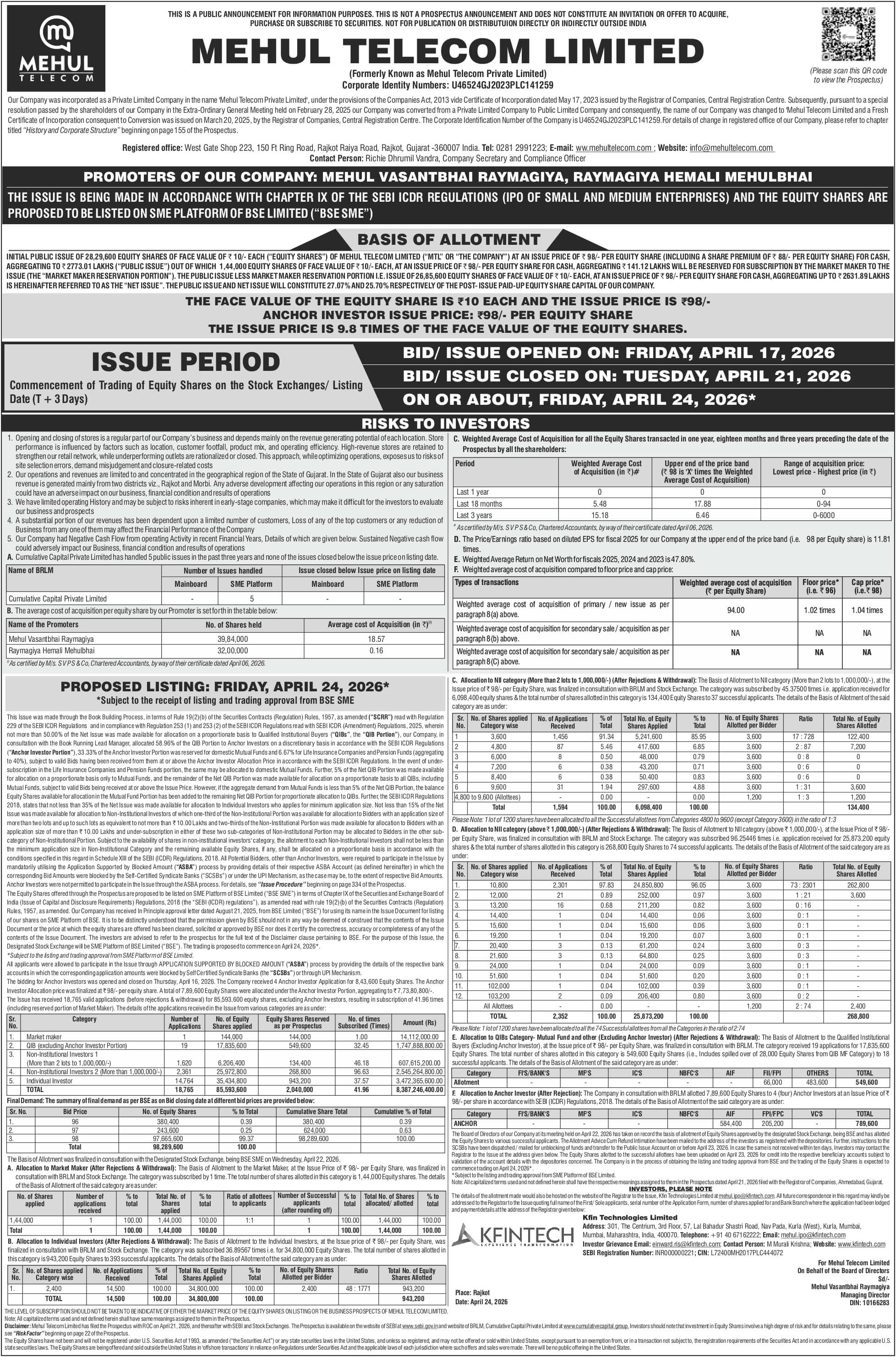 Mehul Telecom Limited Basis Of Allotment