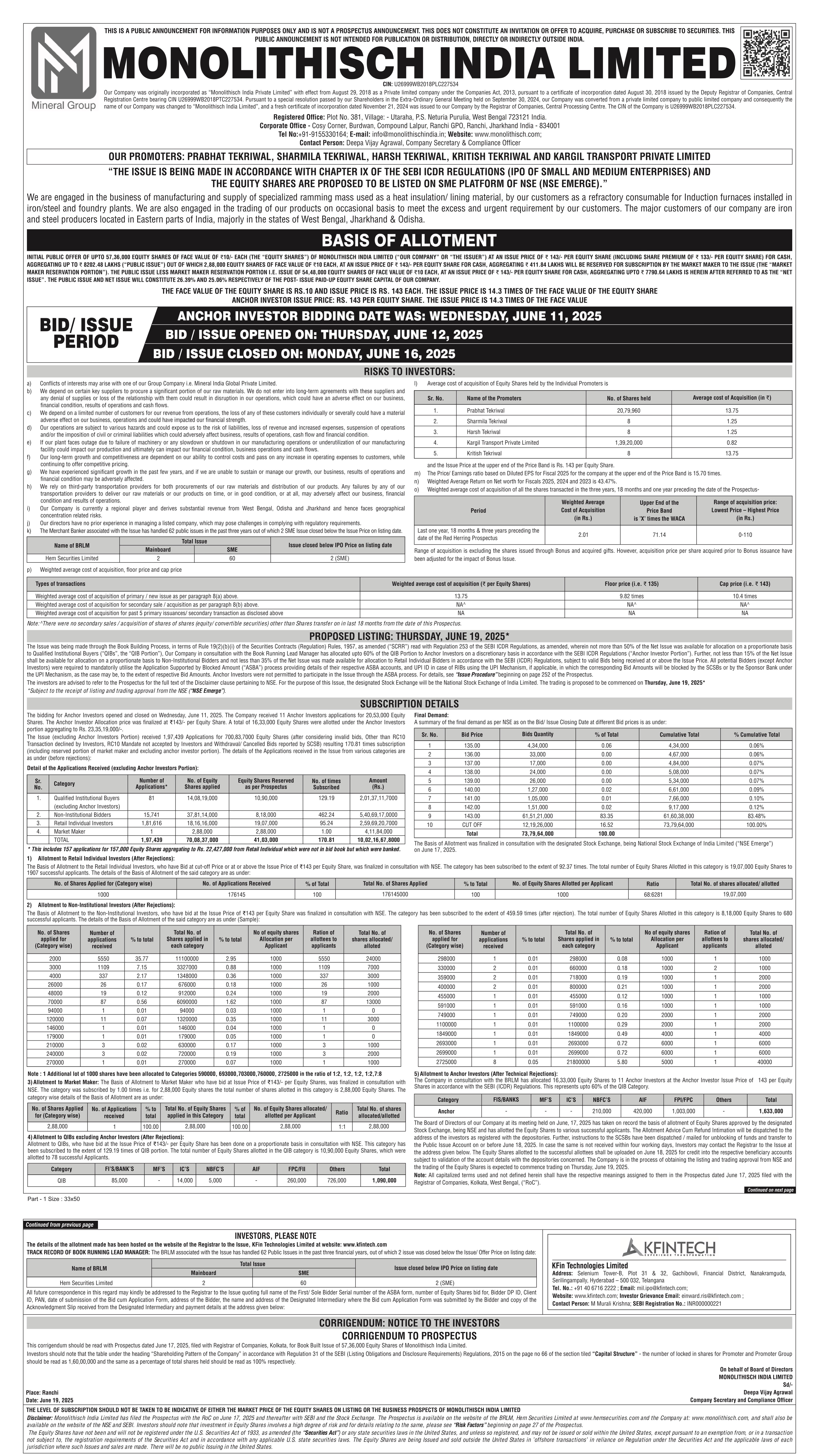 Monolithisch India Limited Basic Of Allotment
