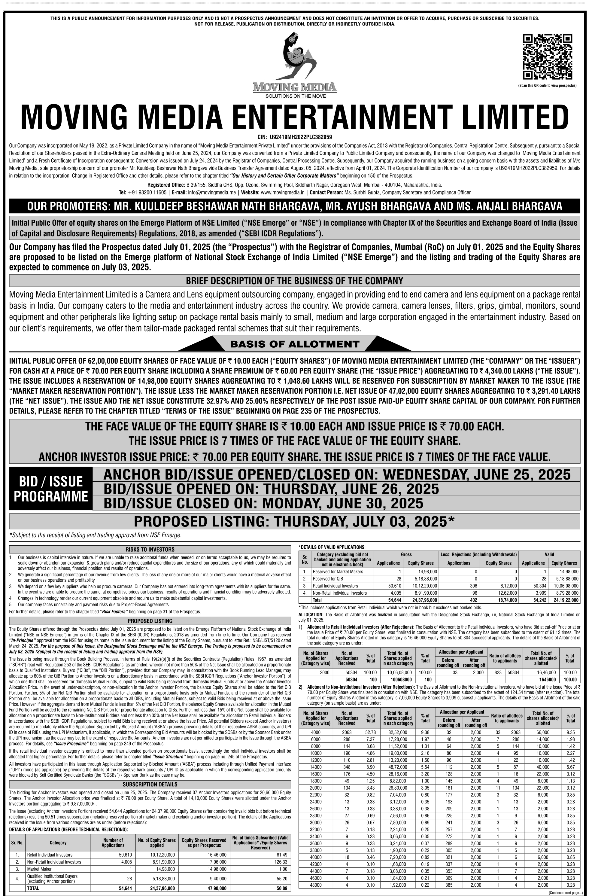 Moving Media Entertainment Limited Basic Of Allotment