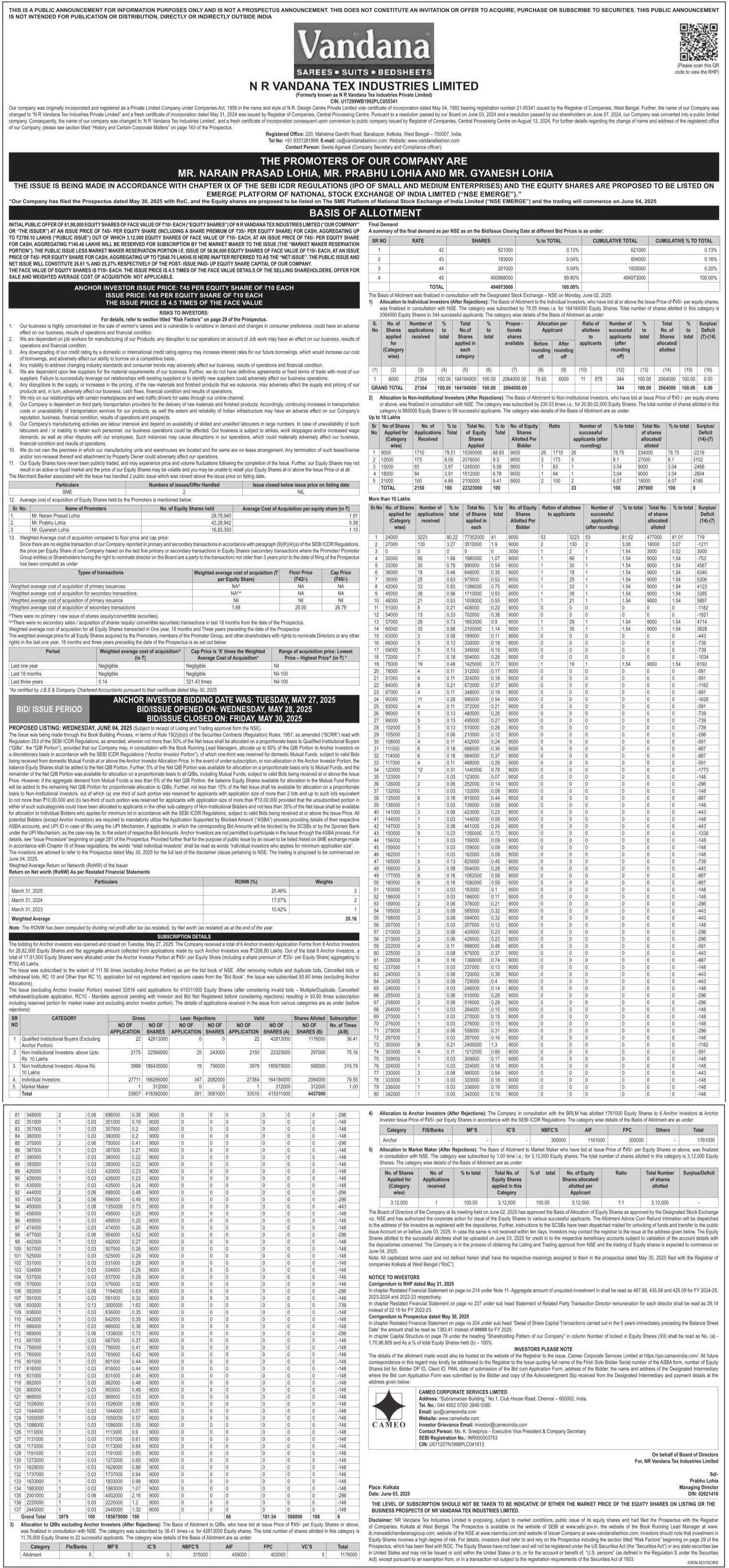 N R Vandana Textile Industries Limited Basic Of Allotment