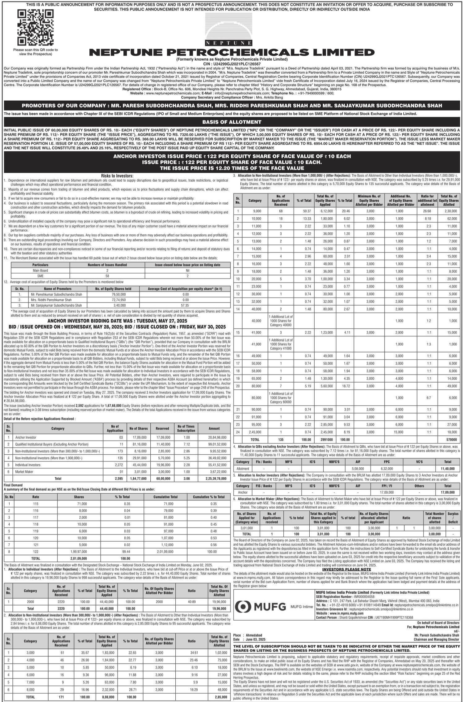Neptune Petrochemicals Limited Basic Of Allotment