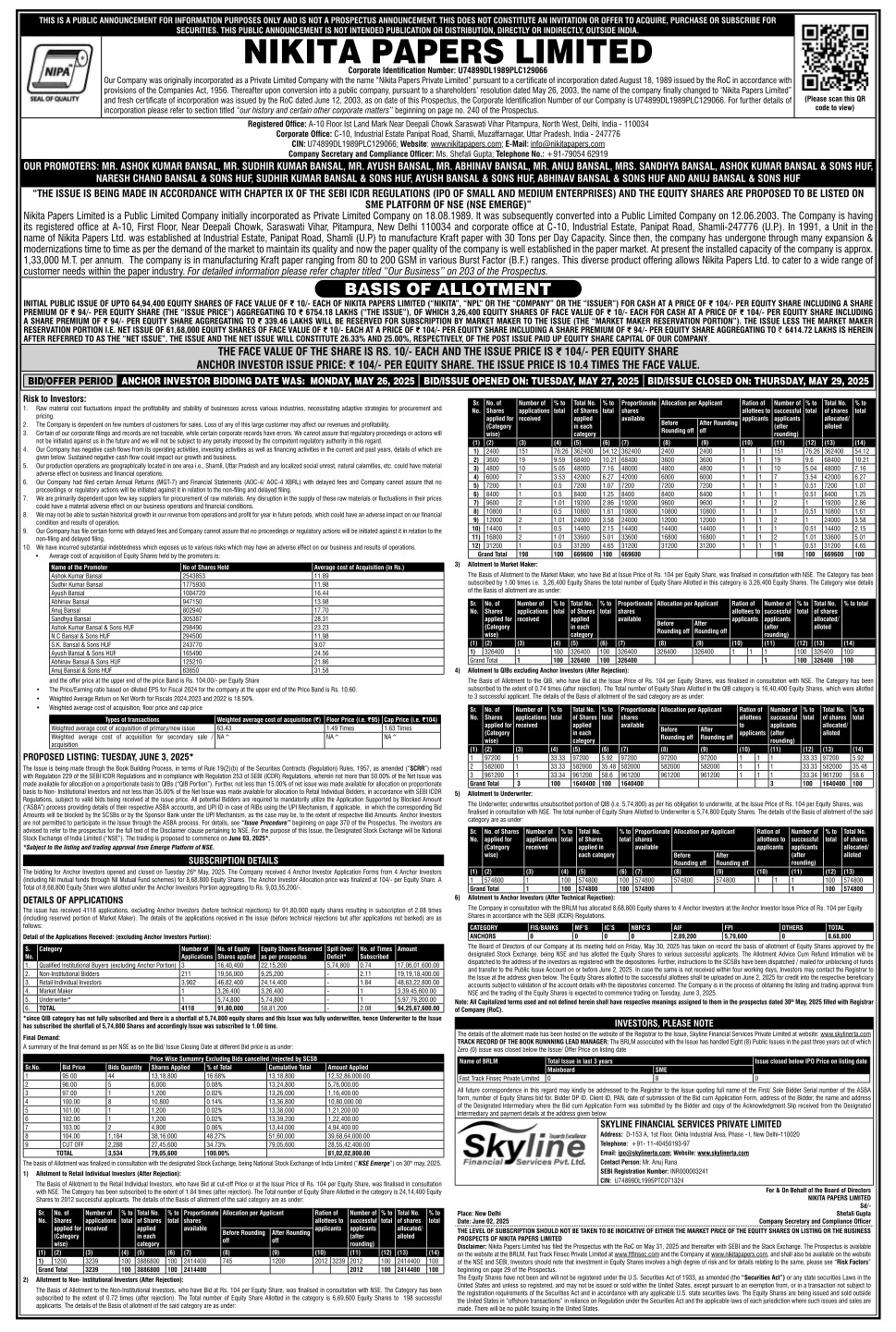 Nikita Papers Limited Basic Of Allotment