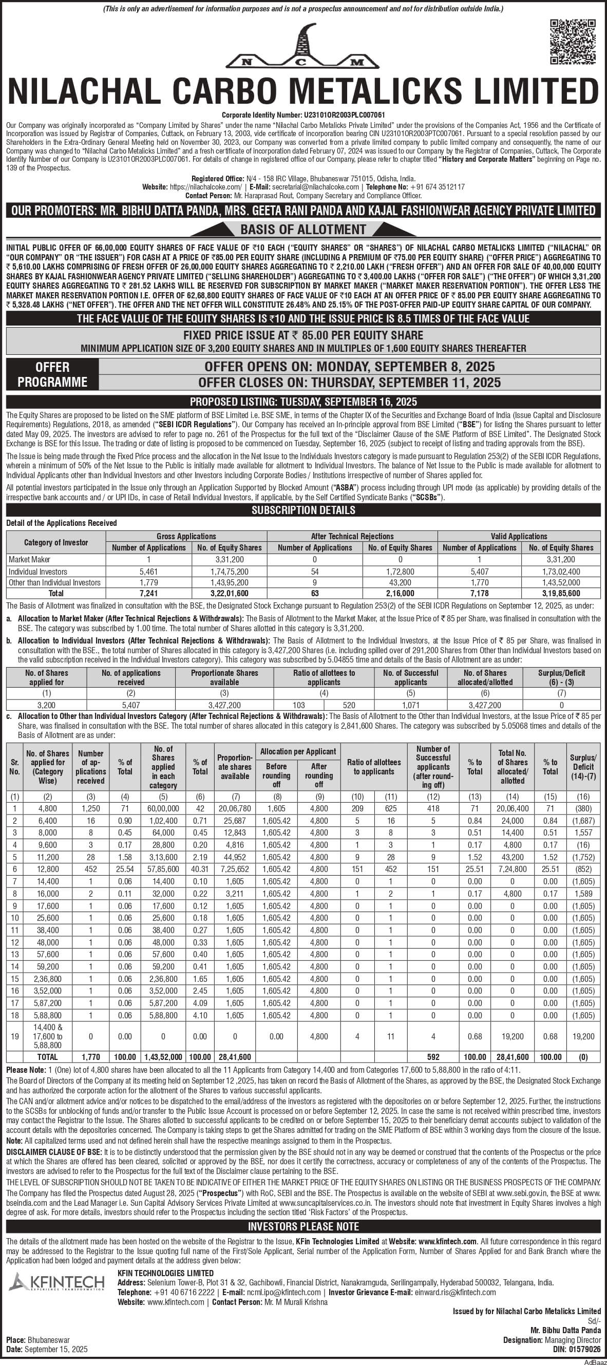 Nilachal Carbo Metalicks Limited Basic Of Allotment