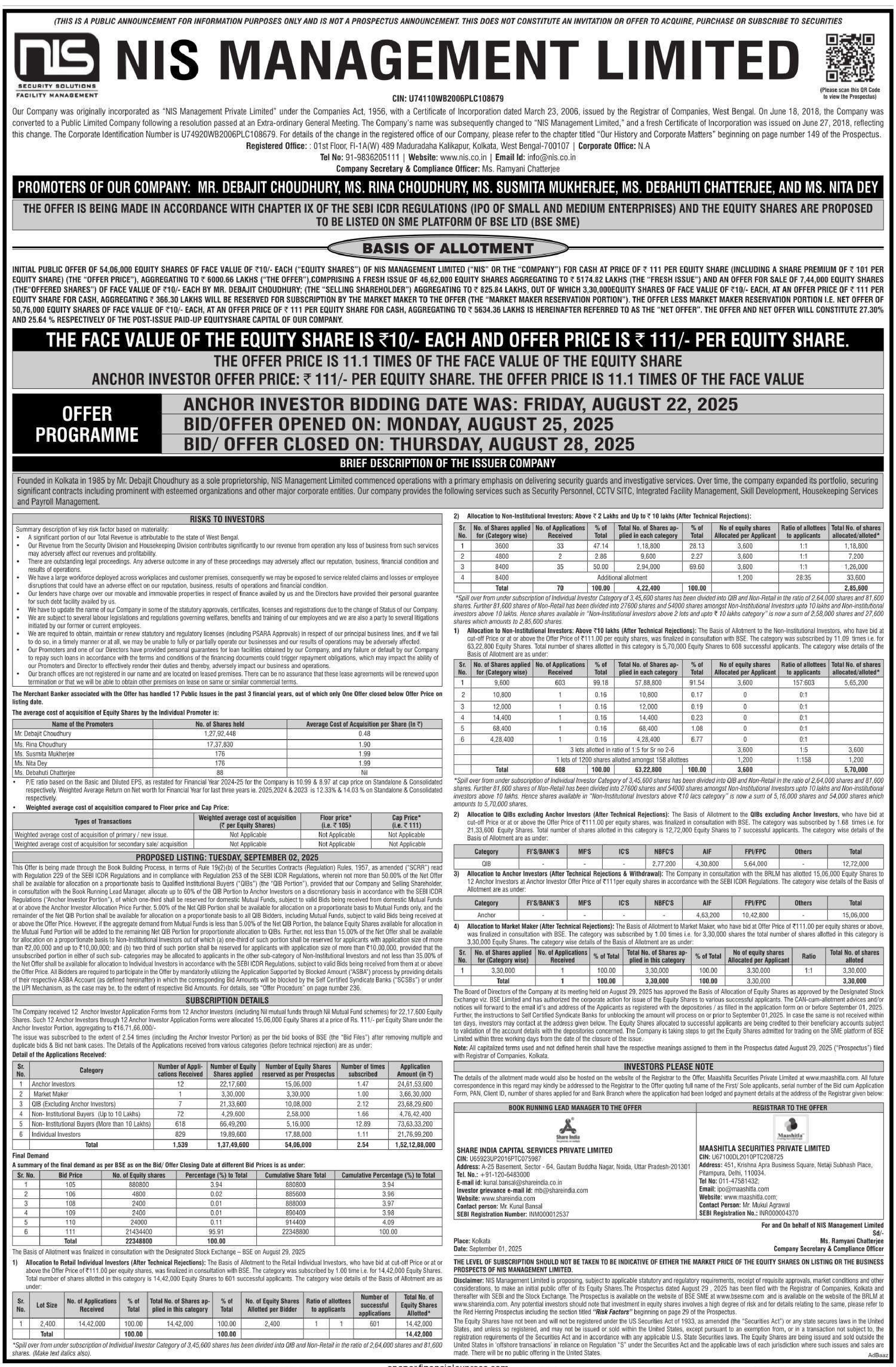 NIS Management Limited Basic Of Allotment