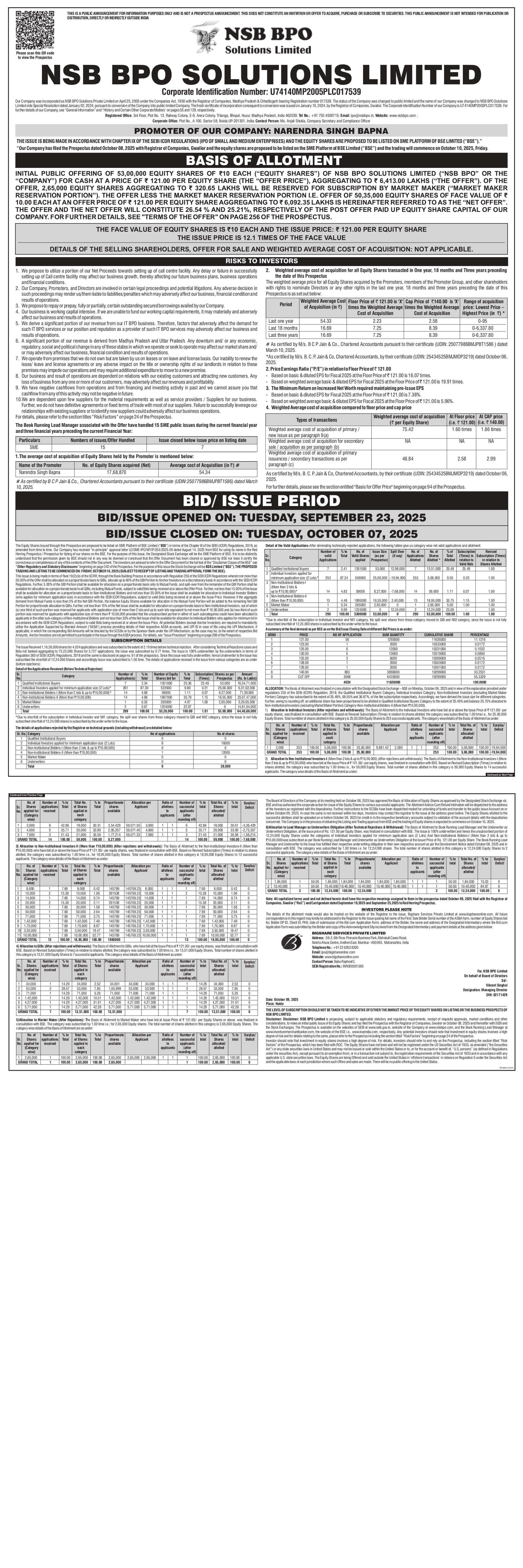 NSB BPO Solutions Limited Basic Of Allotment
