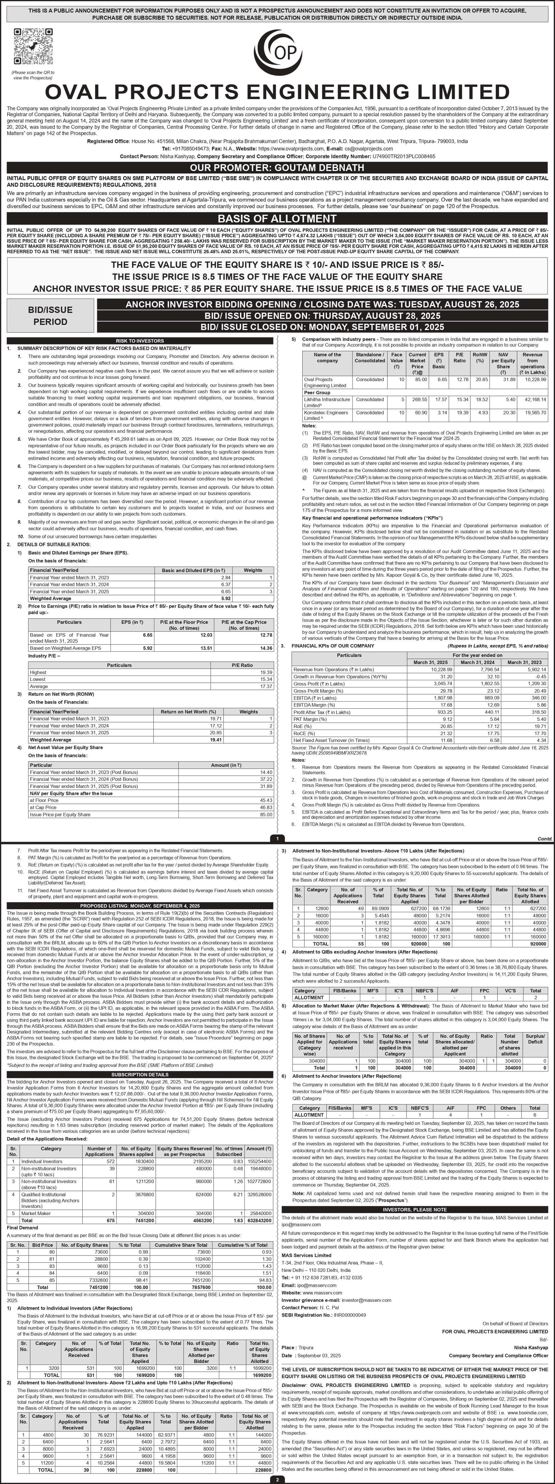 Oval Projects Engineering Limited Basic Of Allotment