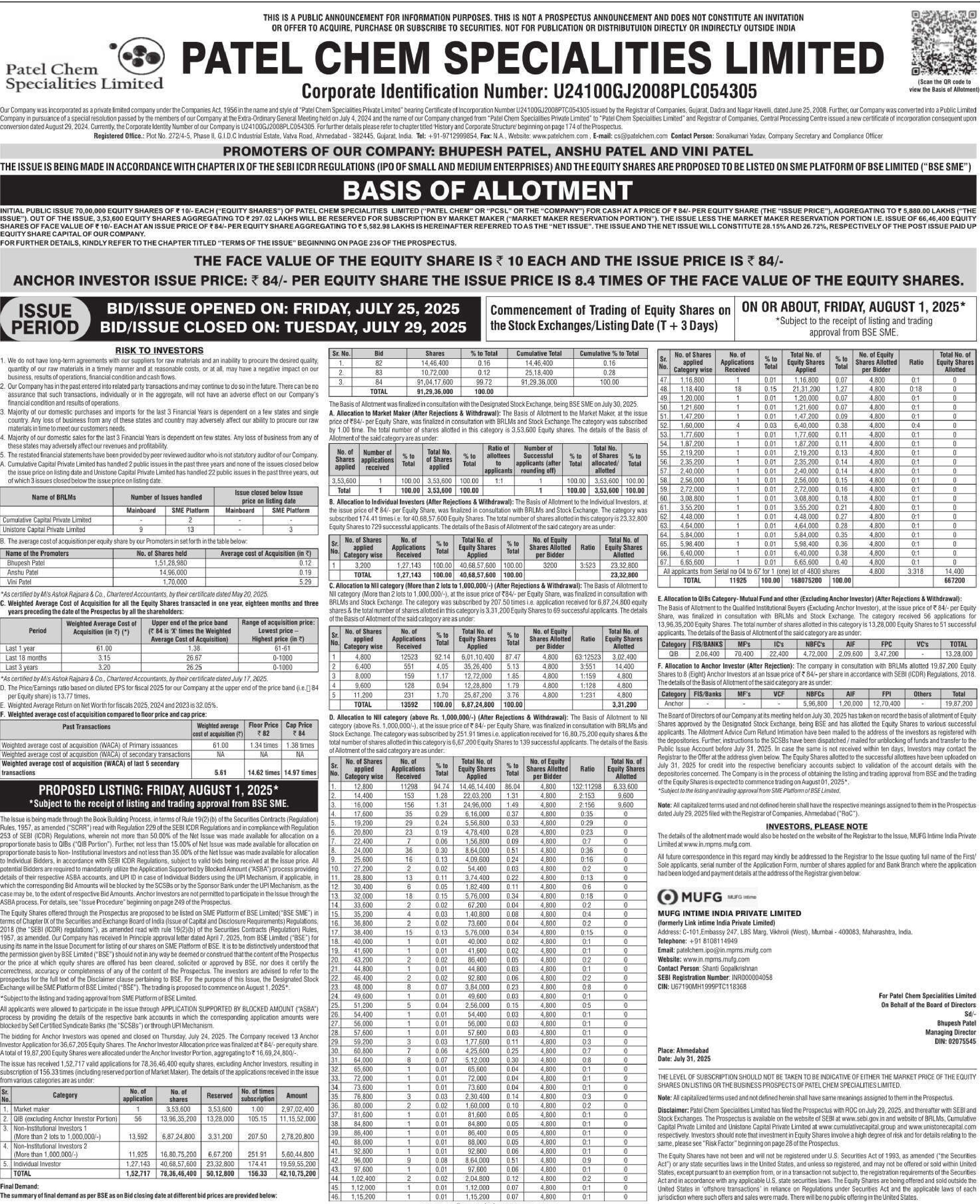Patel Chem Specialities Limited Basic Of Allotment