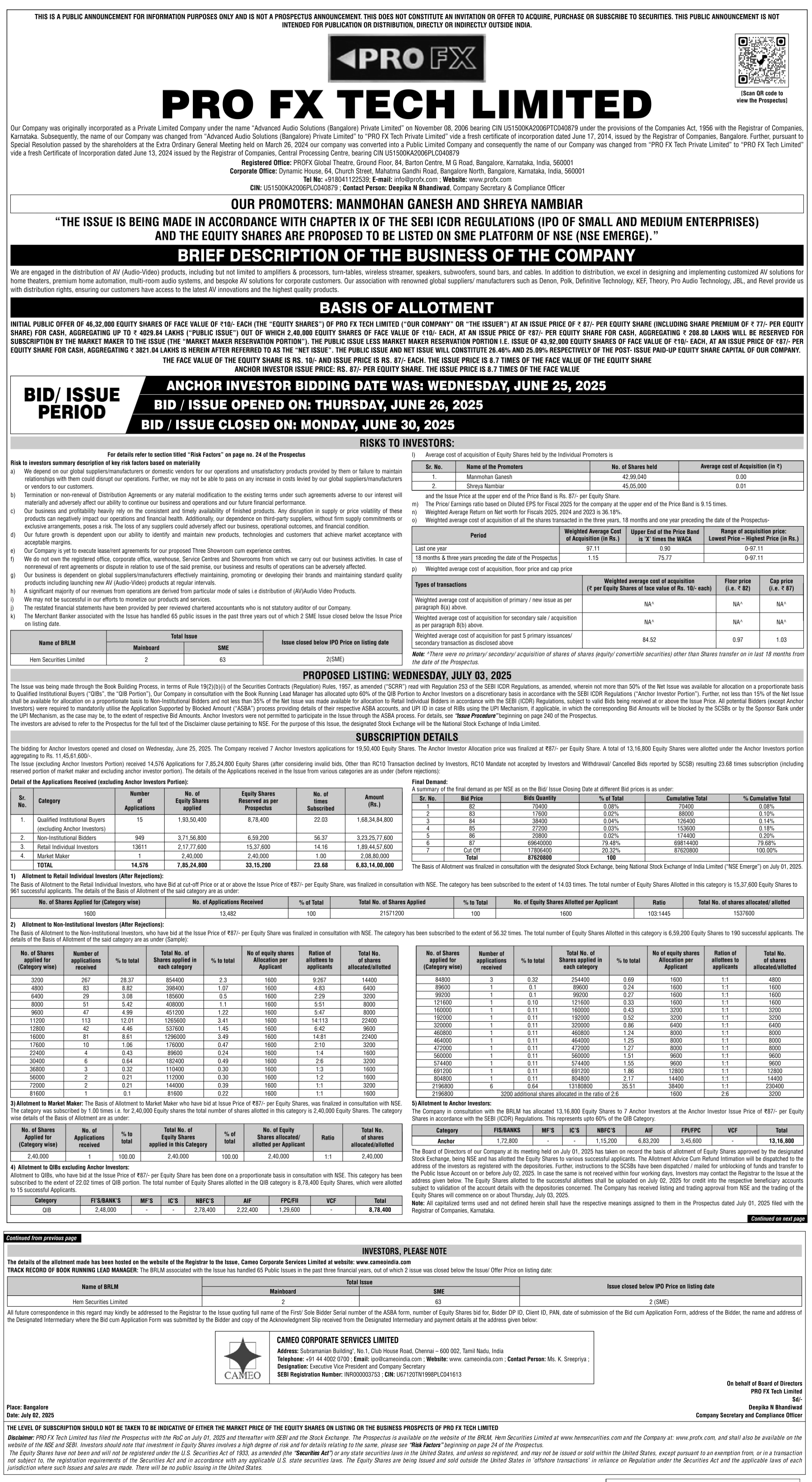 PRO FX Tech Limited Basic Of Allotment