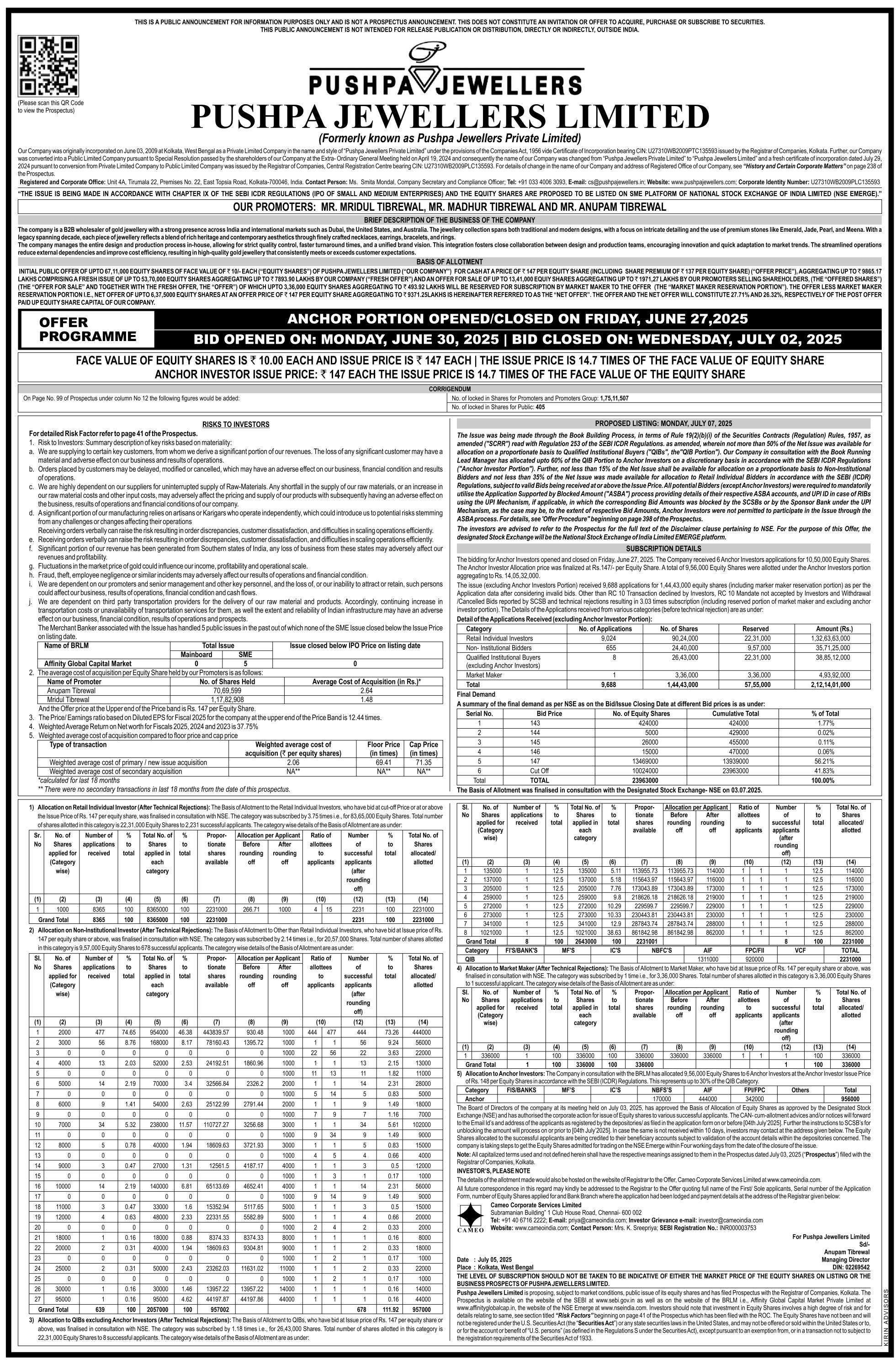 Pushpa Jewellers Limited Basic Of Allotment