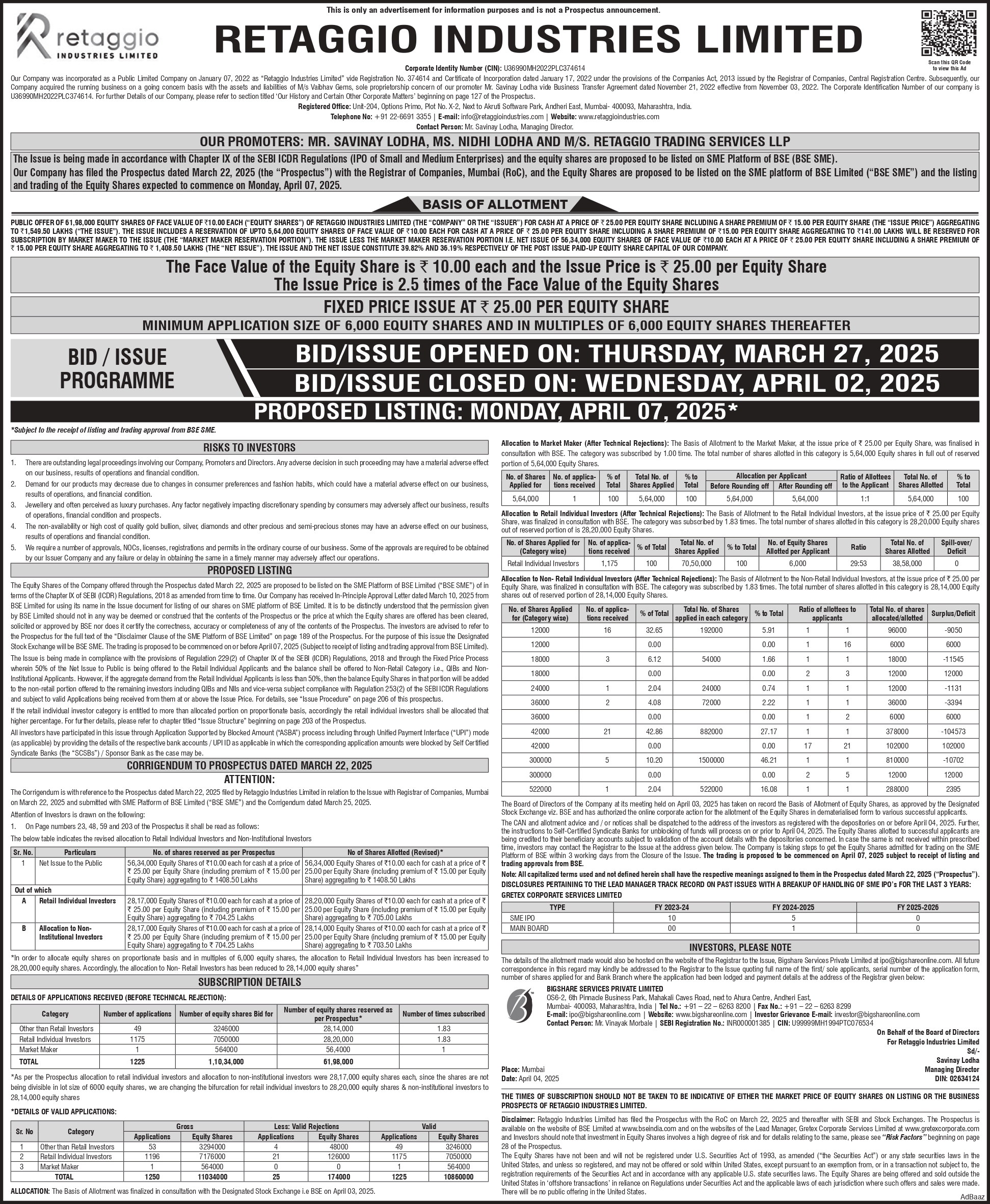 Retaggio Industries Limited Basic Of Allotment