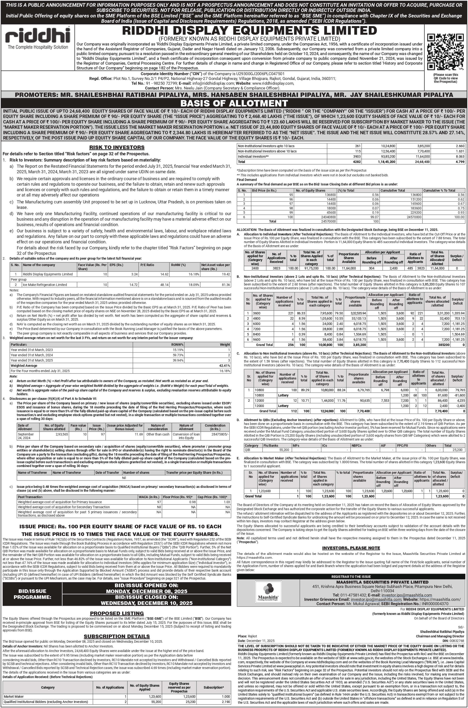 Riddhi Display Equipments Limited Basic Of Allotment