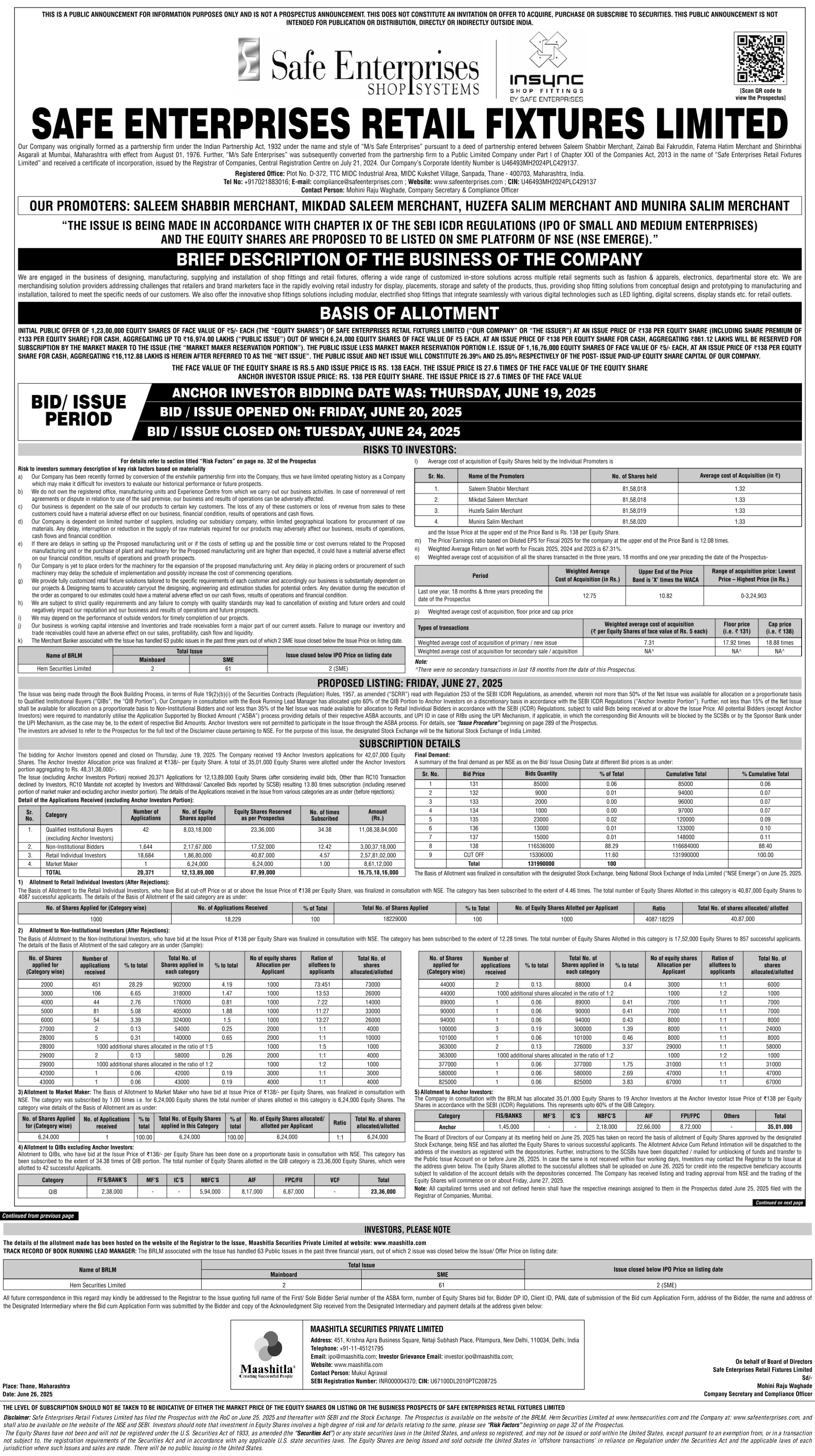 Safe Enterprises Retail Fixtures Limited Basic Of Allotment