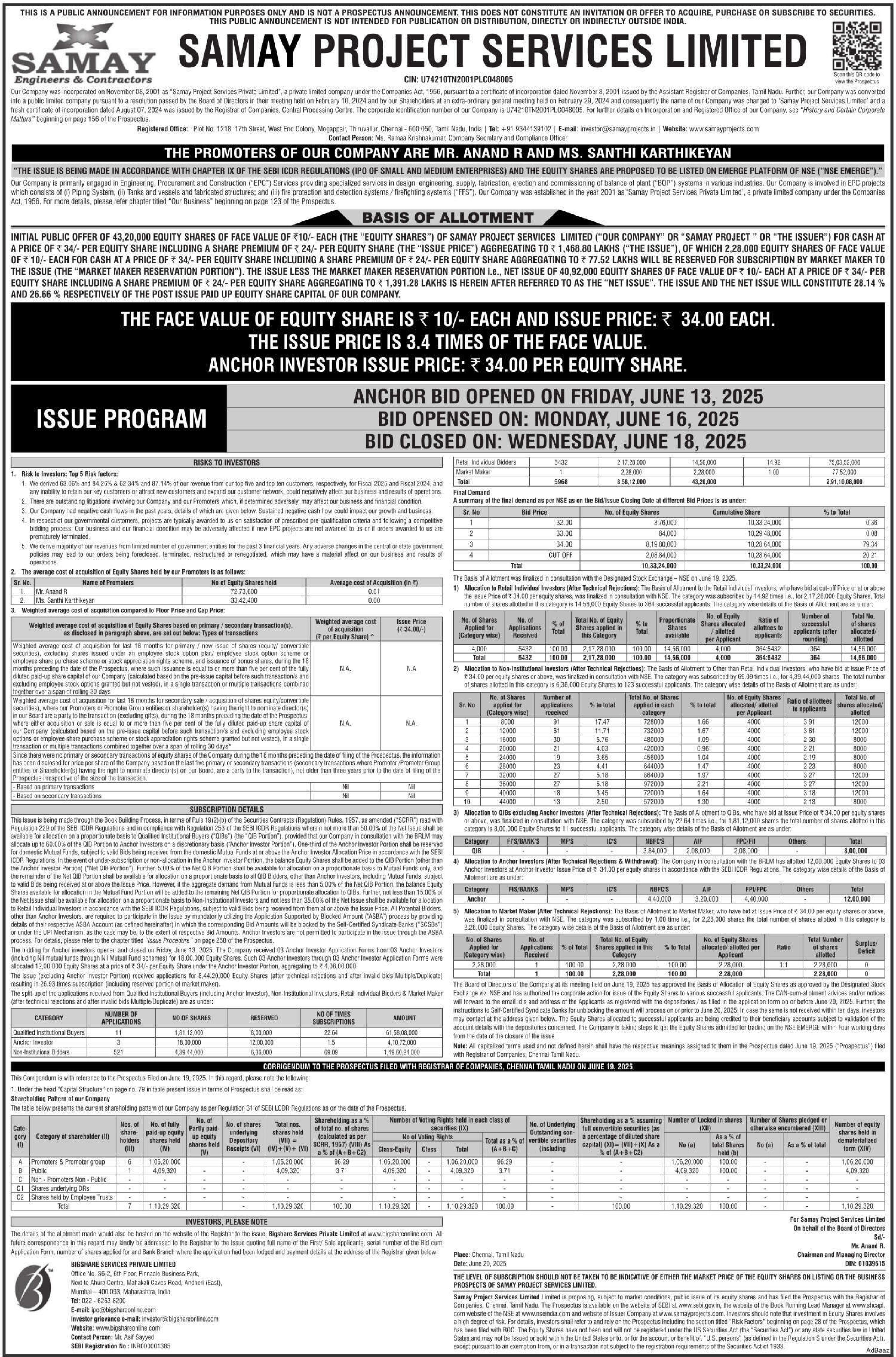Samay Project Services Limited Basic Of Allotment