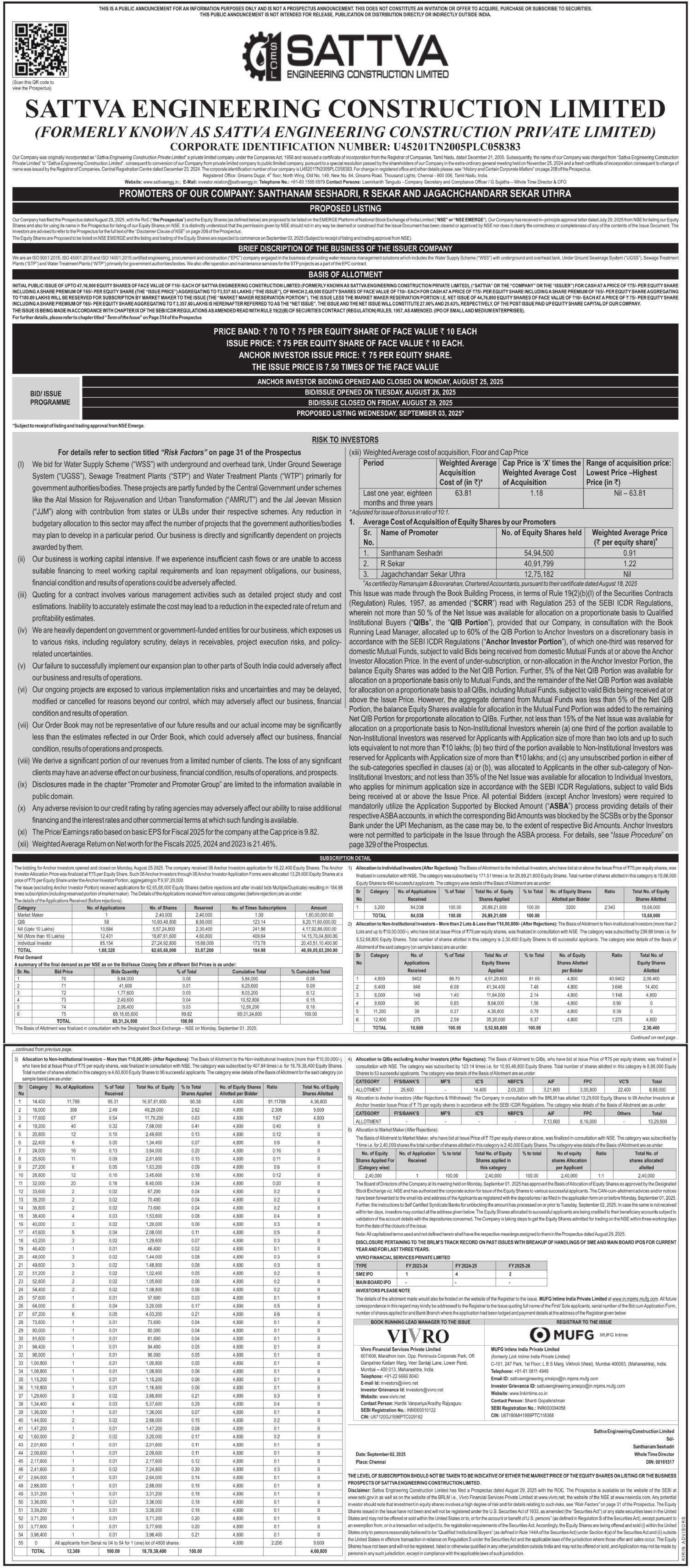 Sattva Engineering Construction Limited Basic Of Allotment