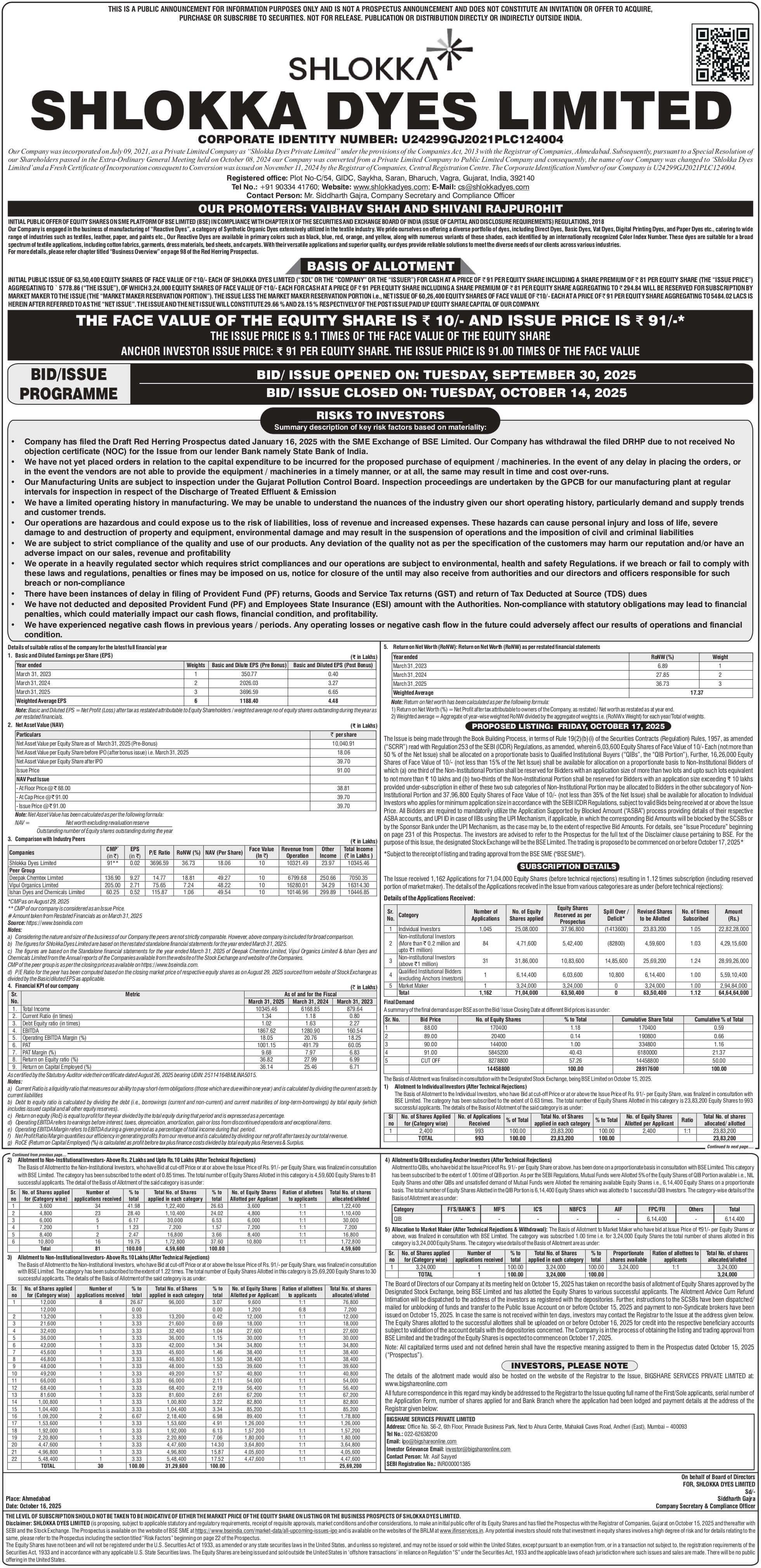 Shlokka Dyes Limited Basic Of Allotment