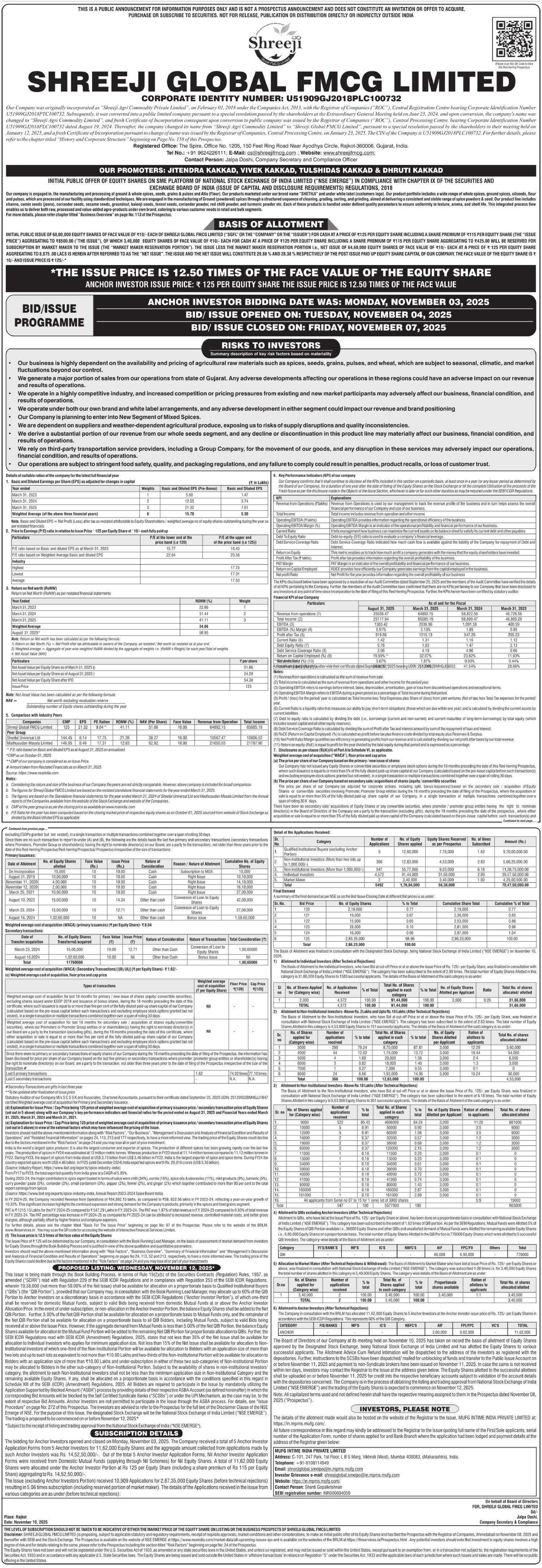 Shreeji Global FMCG Limited Basic Of Allotment
