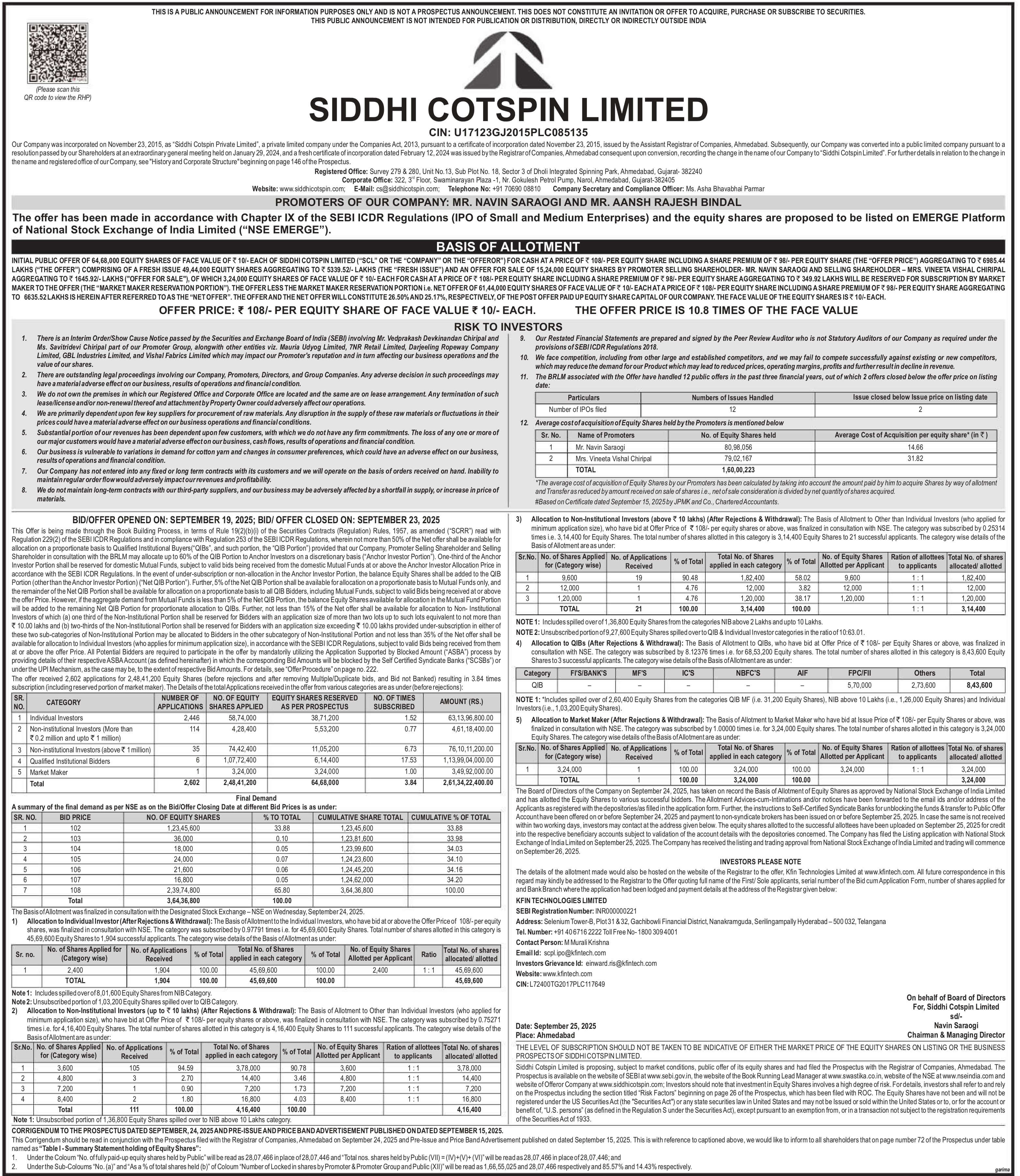 Siddhi Cotspin Limited Basic Of Allotment