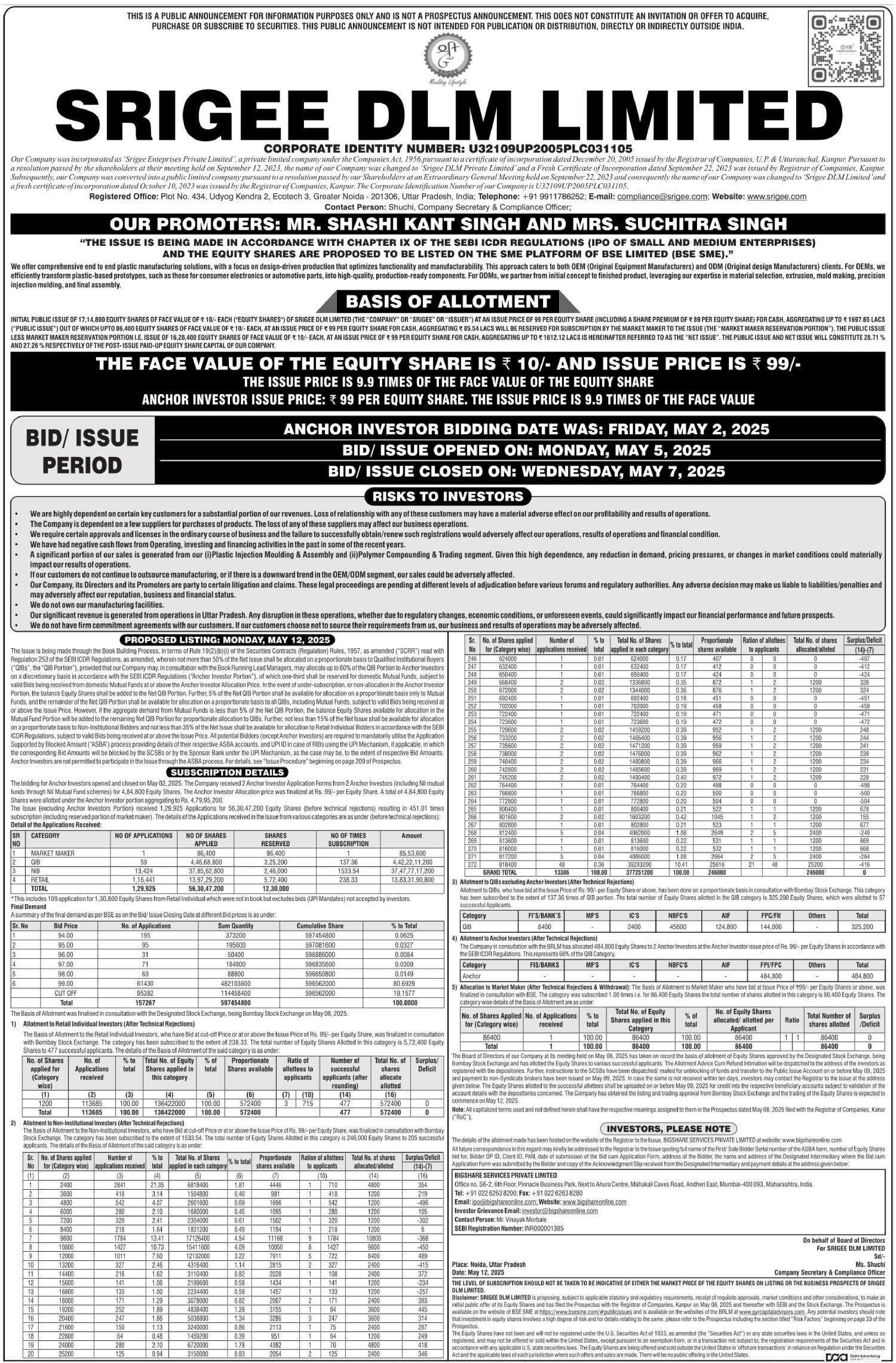 Srigee DLM Limited Basic Of Allotment